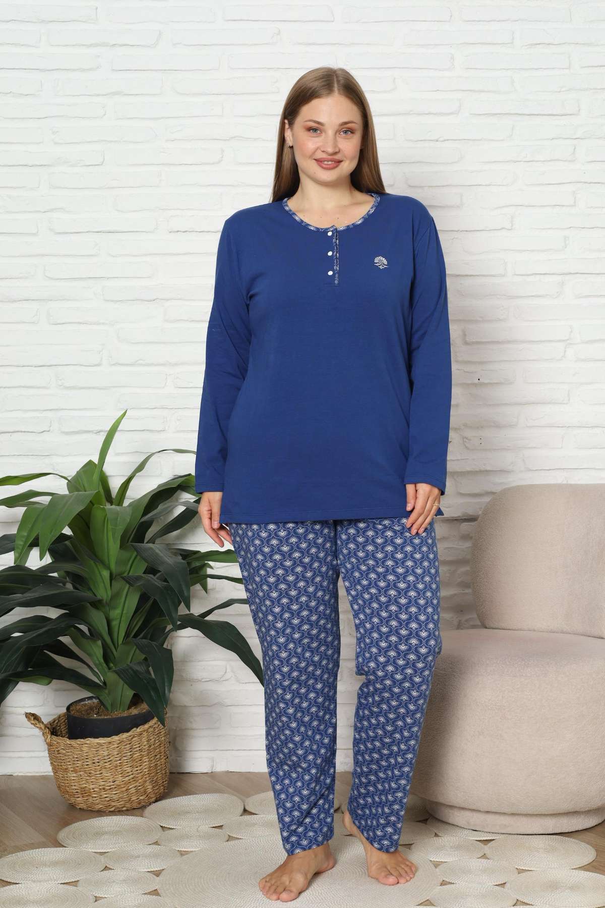 Büyük Beden Kadın Pijama Takımı - İndigo Likralı Pamuk 2890UKBL