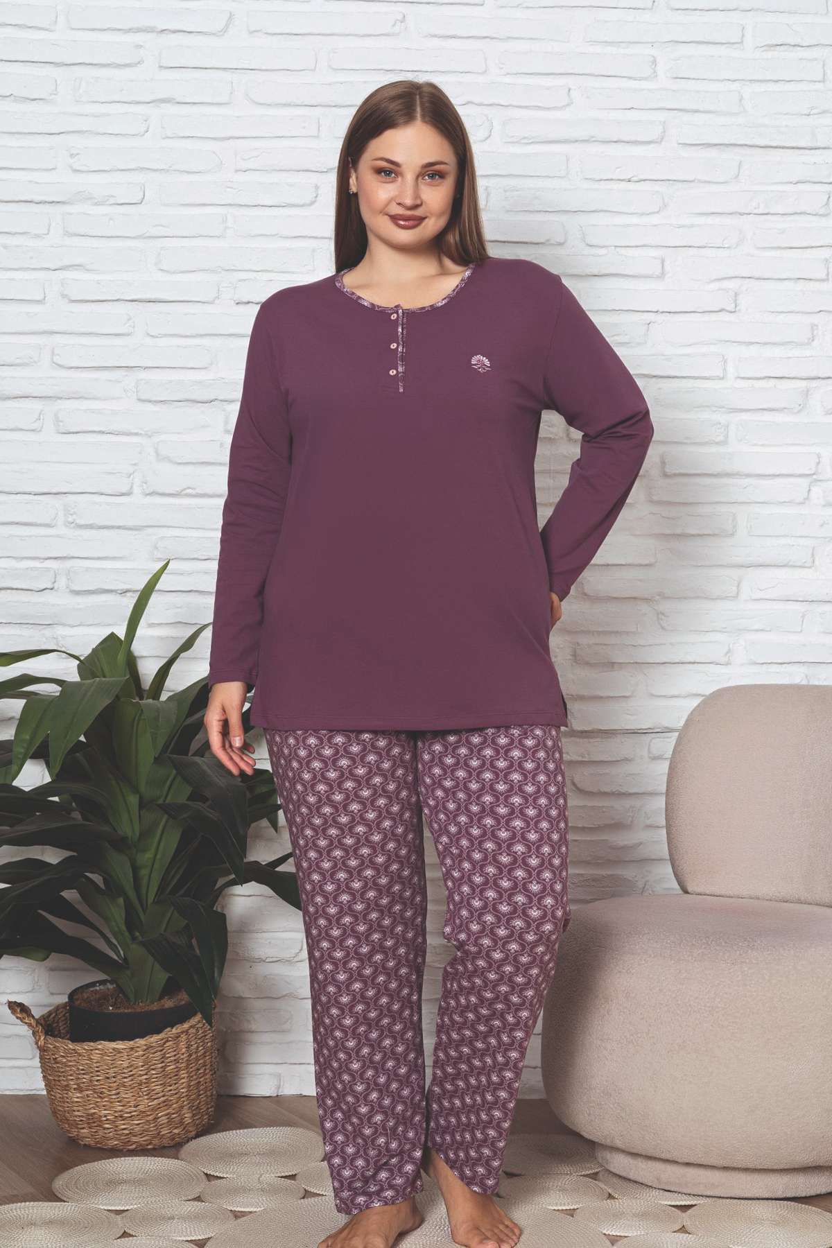 Büyük Beden Kadın Pijama Takımı - Gülkurusu Likralı Pamuk 2890UKBL