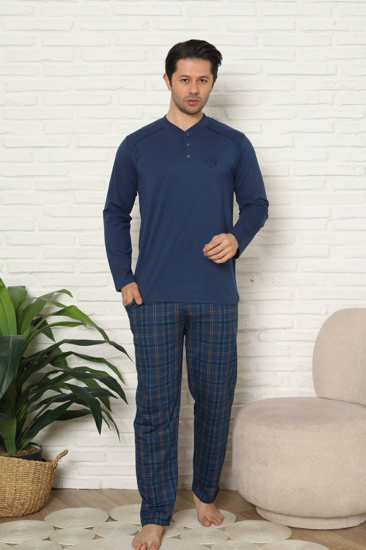 Erkek Pijama Takımı - İndigo Kareli Uzun Kollu Penye 1227UY