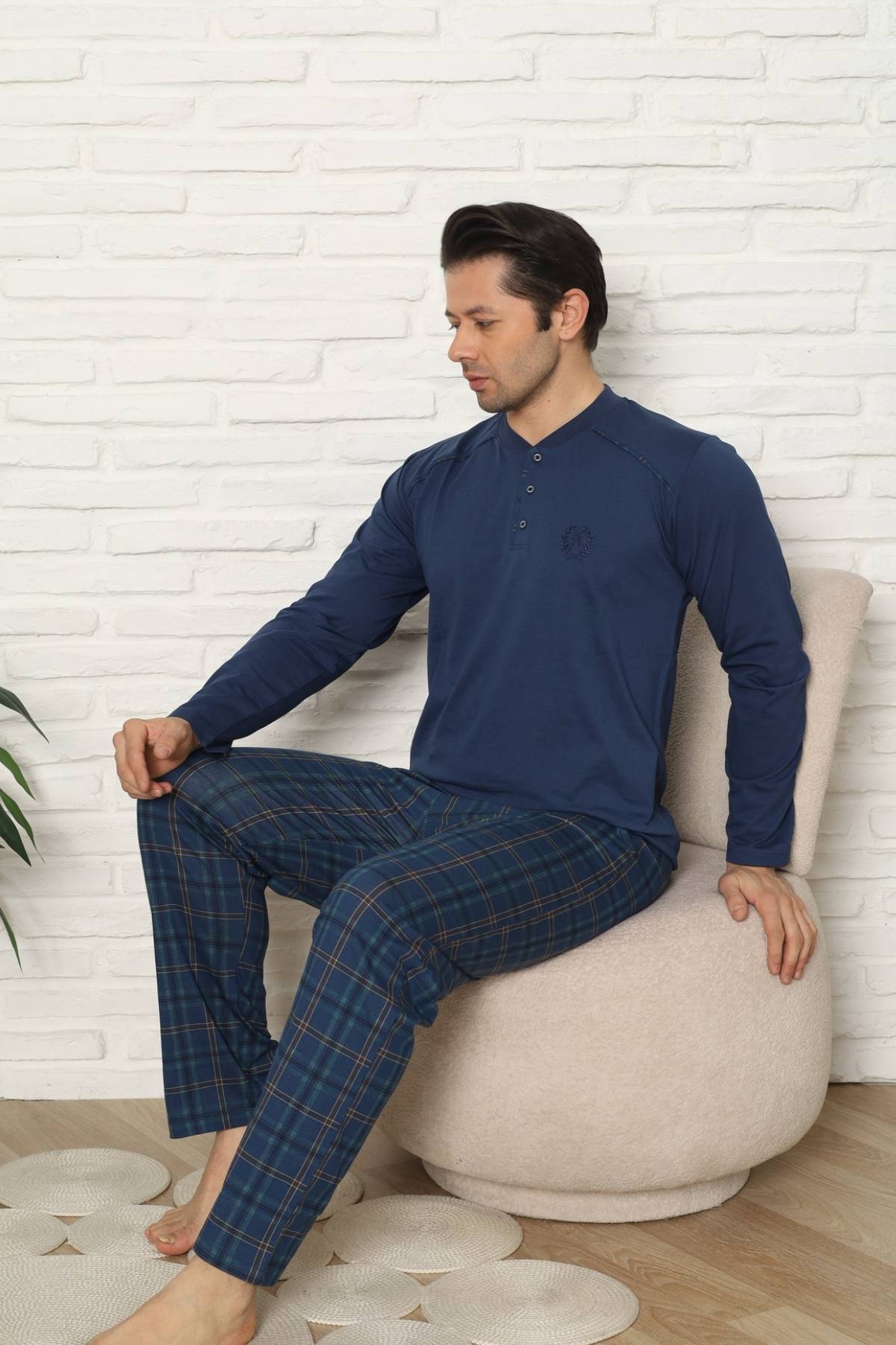 Erkek Pijama Takımı - İndigo Kareli Uzun Kollu Penye 1227UY