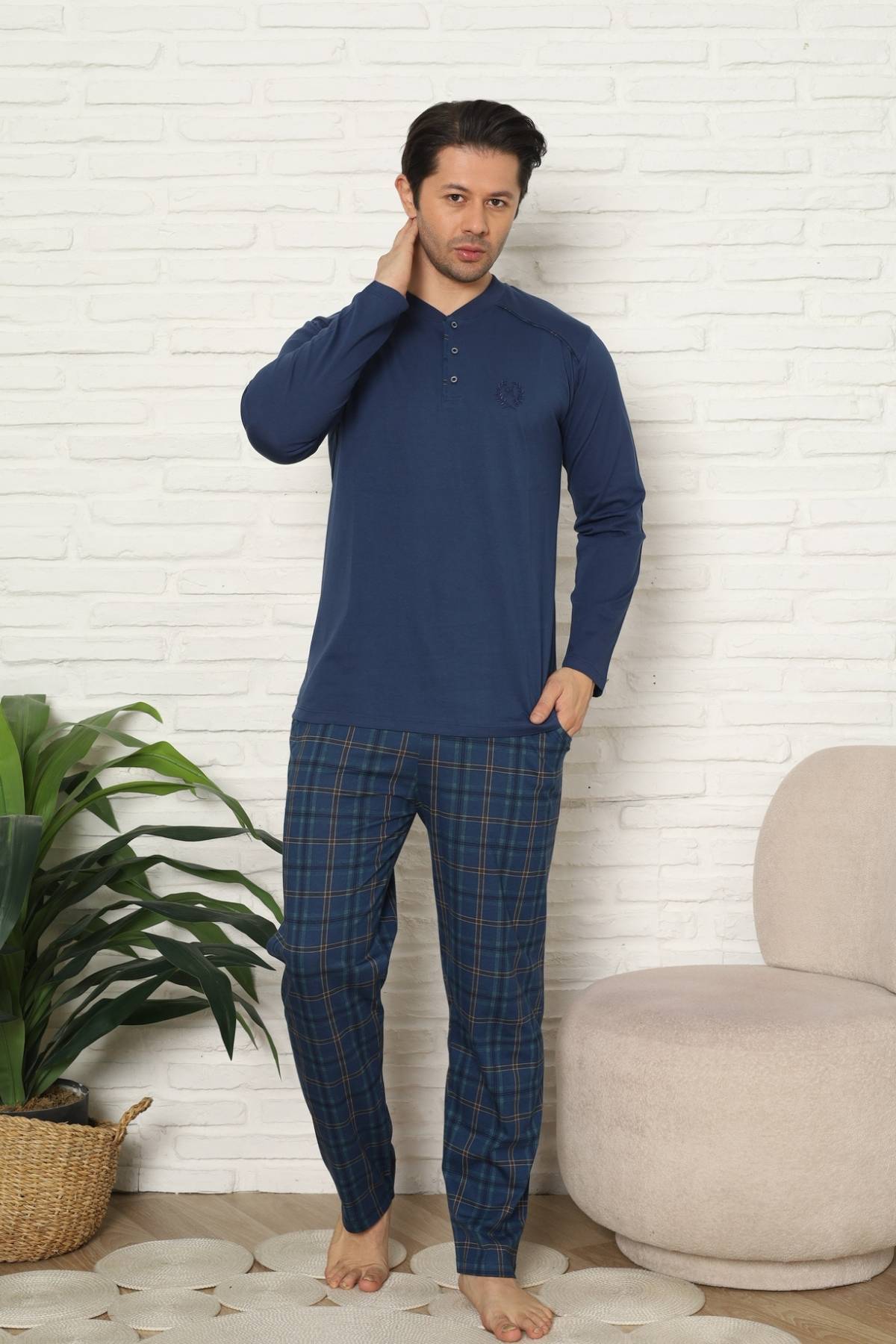 Erkek Pijama Takımı - İndigo Kareli Uzun Kollu Penye 1227UY