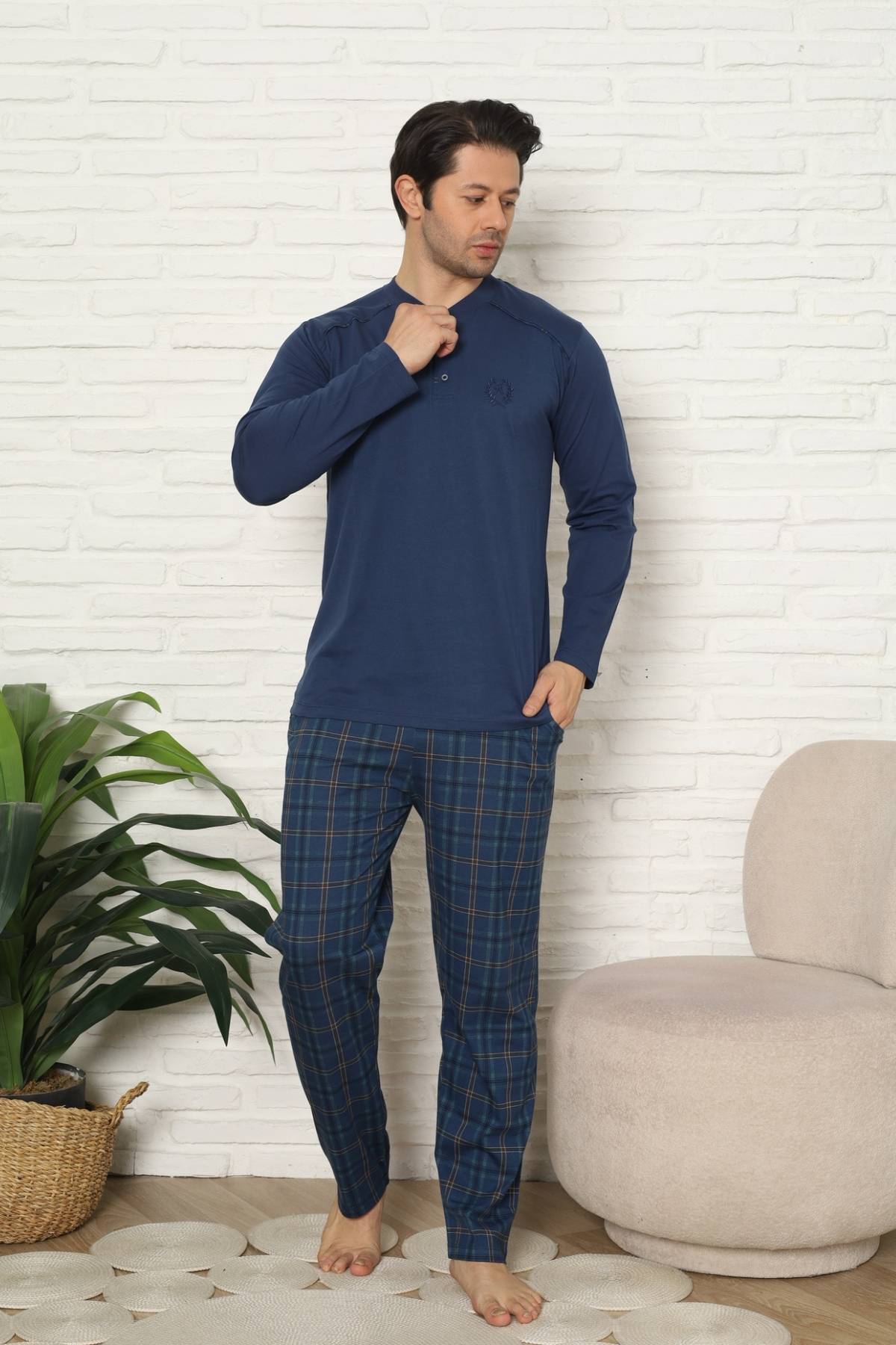 Erkek Pijama Takımı - İndigo Kareli Uzun Kollu Penye 1227UY