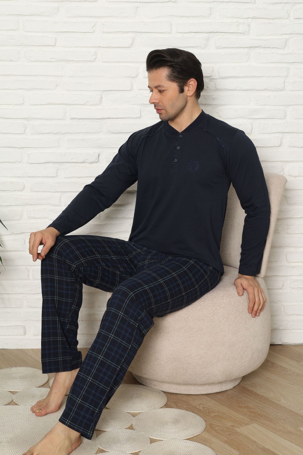 Erkek Pijama Takımı - Lacivert Kareli Uzun Kollu Penye 1227UY