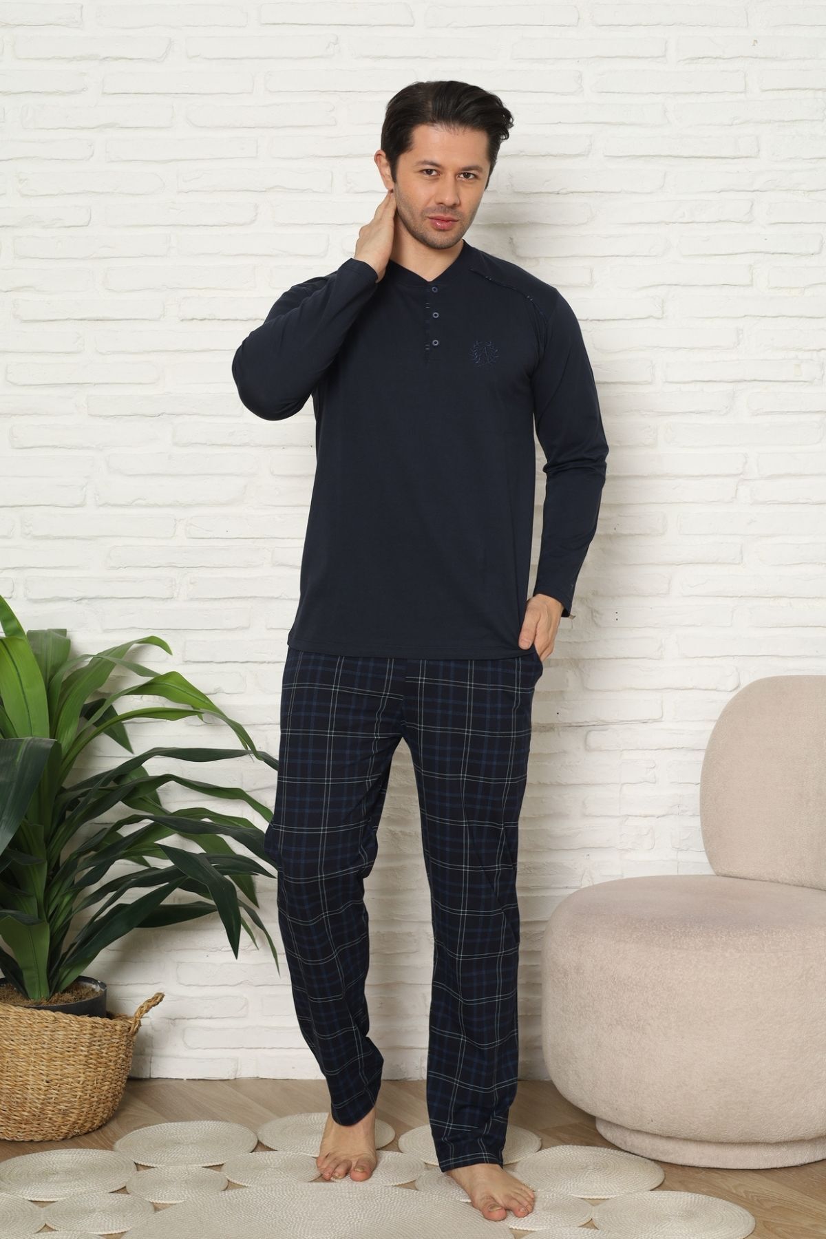 Erkek Pijama Takımı - Lacivert Kareli Uzun Kollu Penye 1227UY