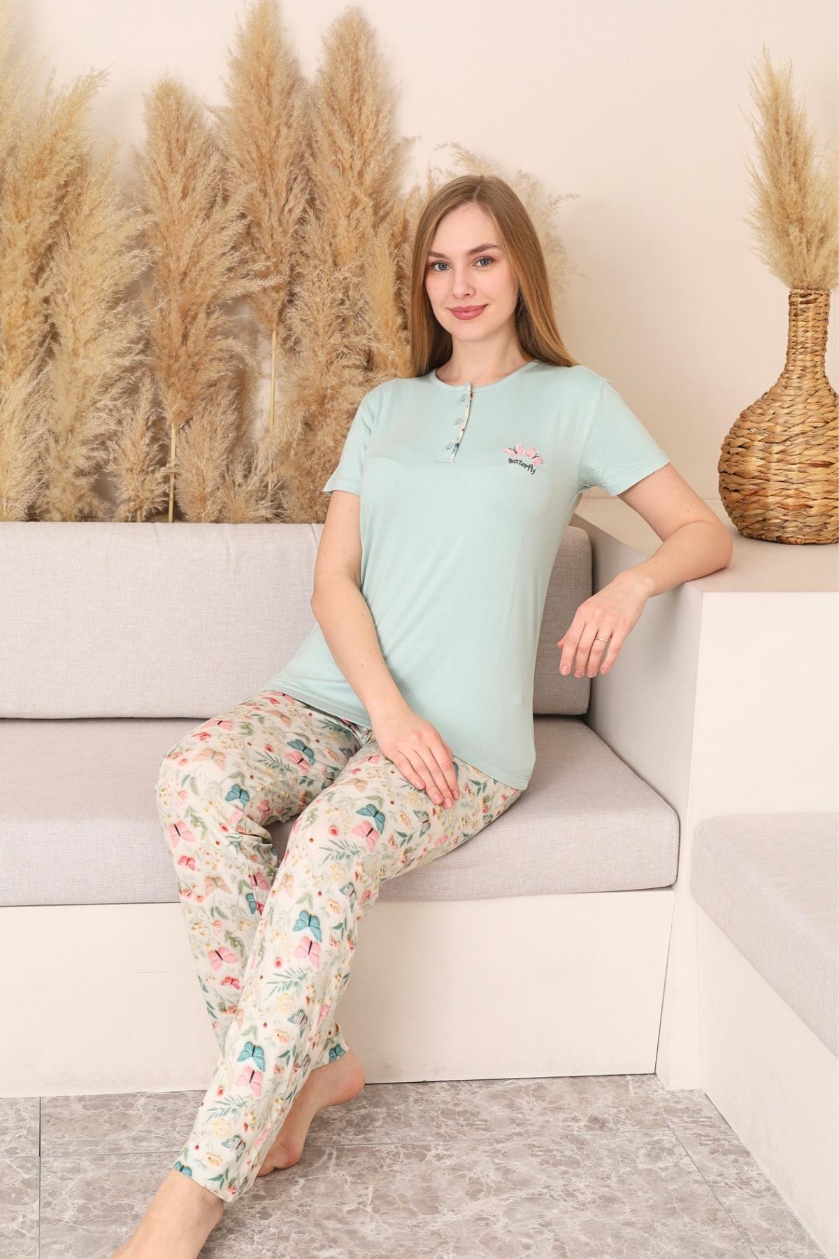 Kadın Pijama Takımı - Yeşil 3D Kelebek Desenli Kısa Kol Likralı Viskon 2876KY