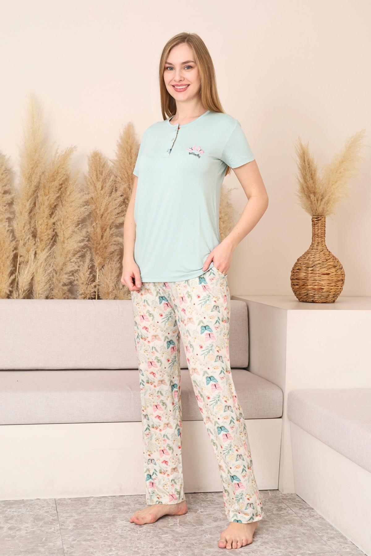 Kadın Pijama Takımı - Yeşil 3D Kelebek Desenli Kısa Kol Likralı Viskon 2876KY