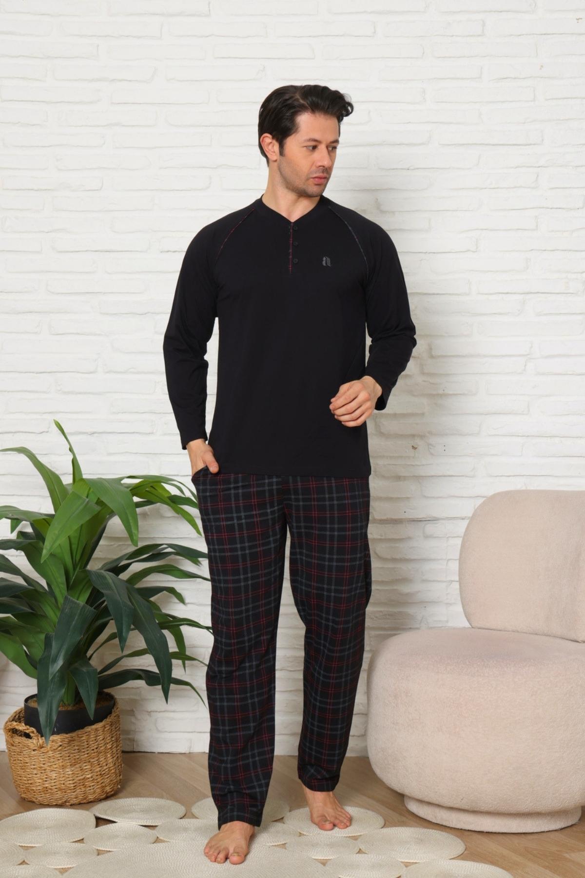 Erkek Pijama Takımı - Siyah Ekoseli Uzun Kollu Penye 1224UY
