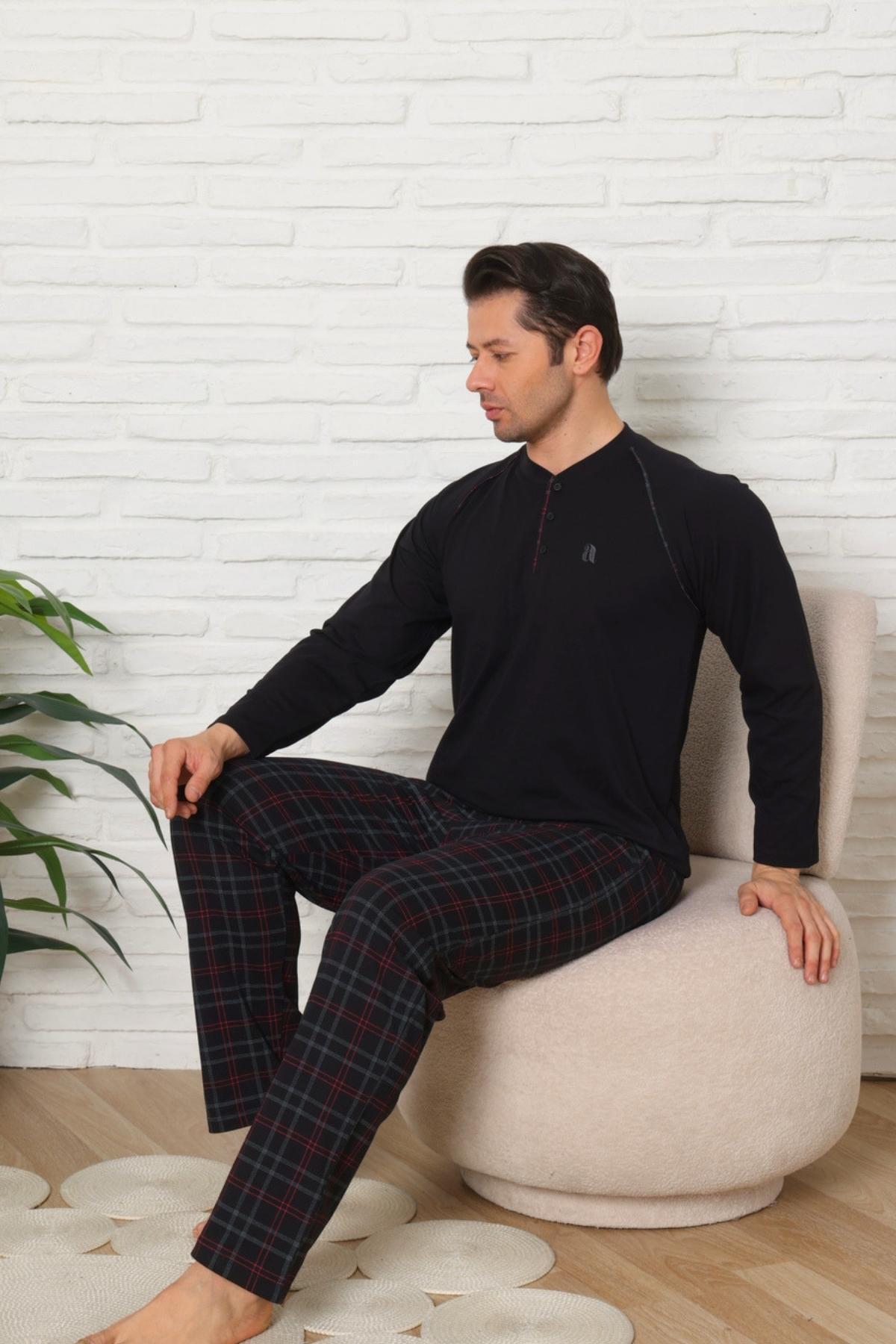 Erkek Pijama Takımı - Siyah Ekoseli Uzun Kollu Penye 1224UY