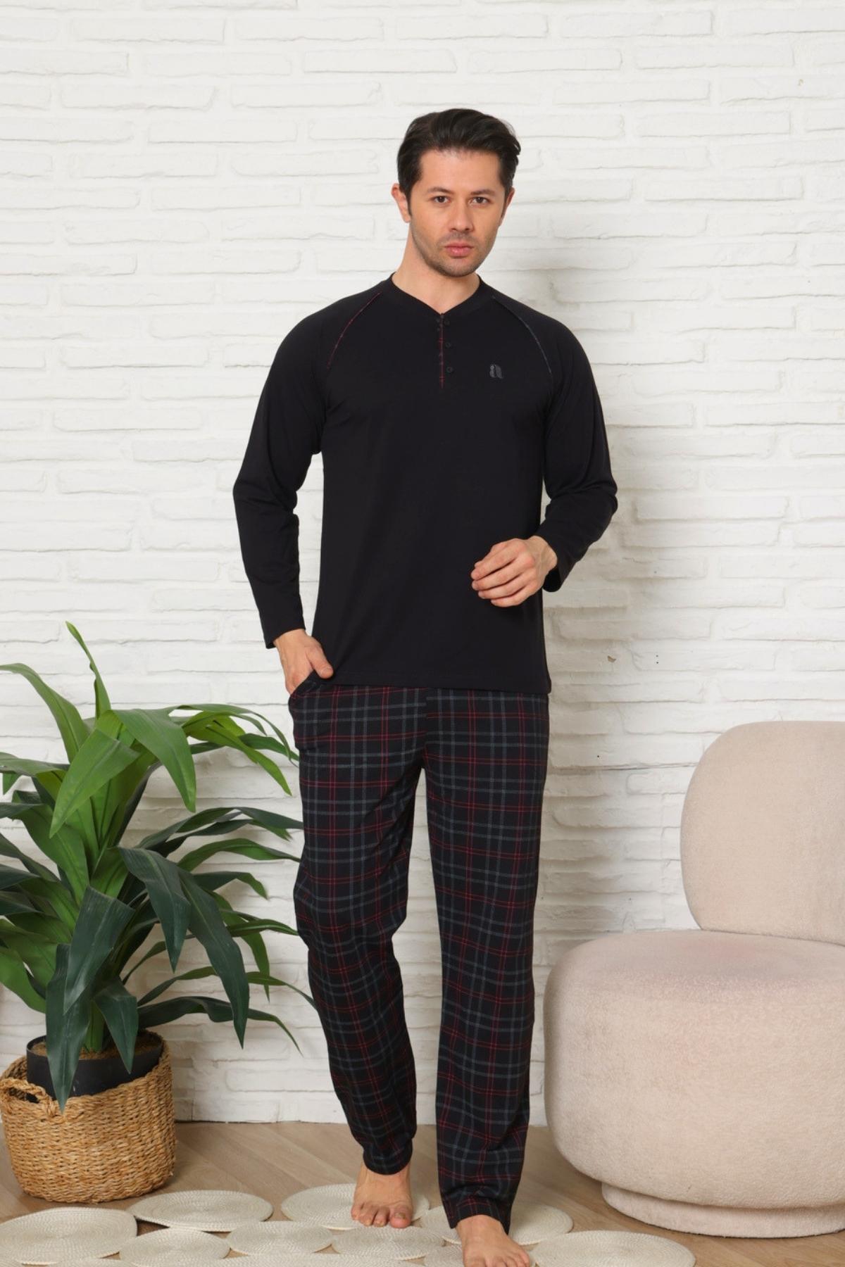 Erkek Pijama Takımı - Siyah Ekoseli Uzun Kollu Penye 1224UY