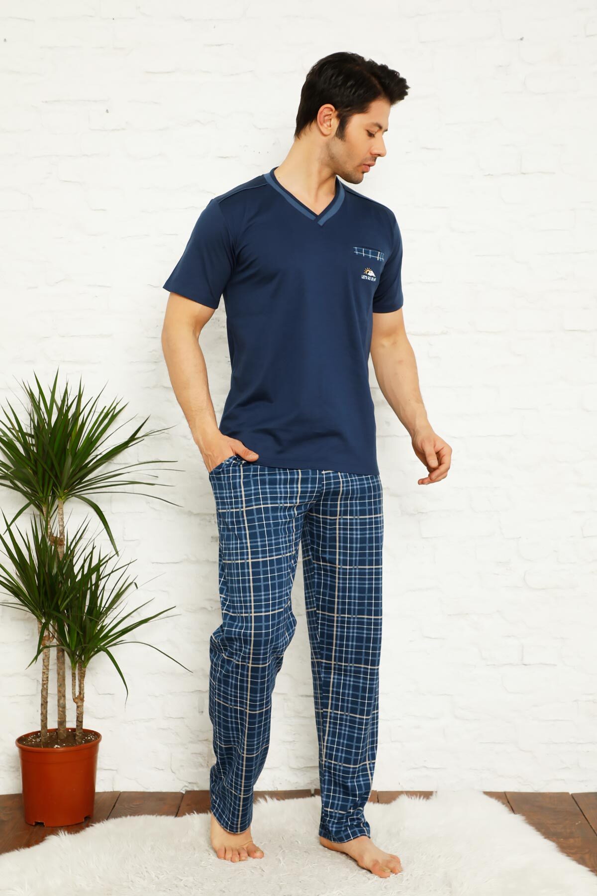 İndigo Ekoseli Kısa Kollu Erkek Pijama Takımı 1167KY