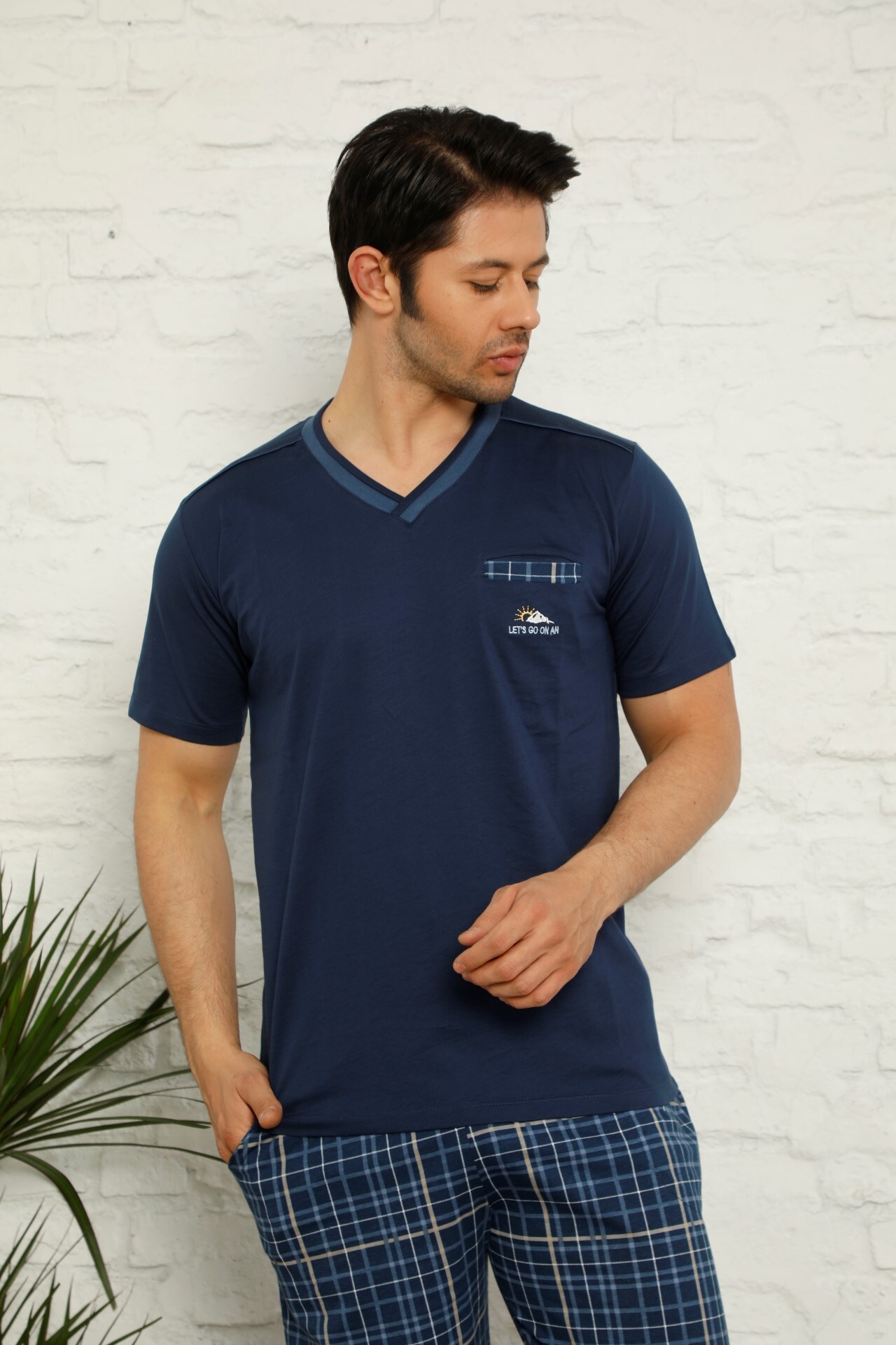 İndigo Ekoseli Kısa Kollu Erkek Pijama Takımı 1167KY