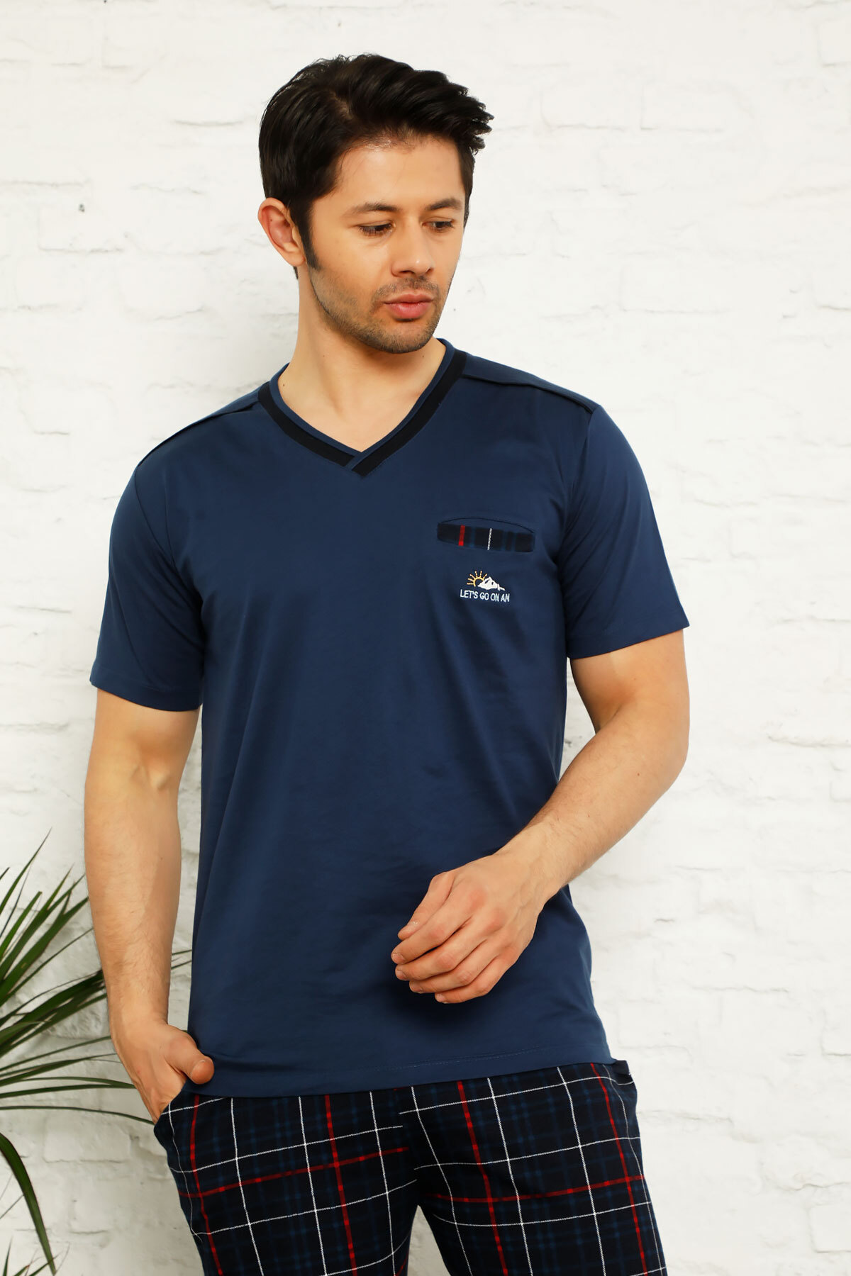 Lacivert Ekoseli Kısa Kollu Erkek Pijama Takımı 1167KY