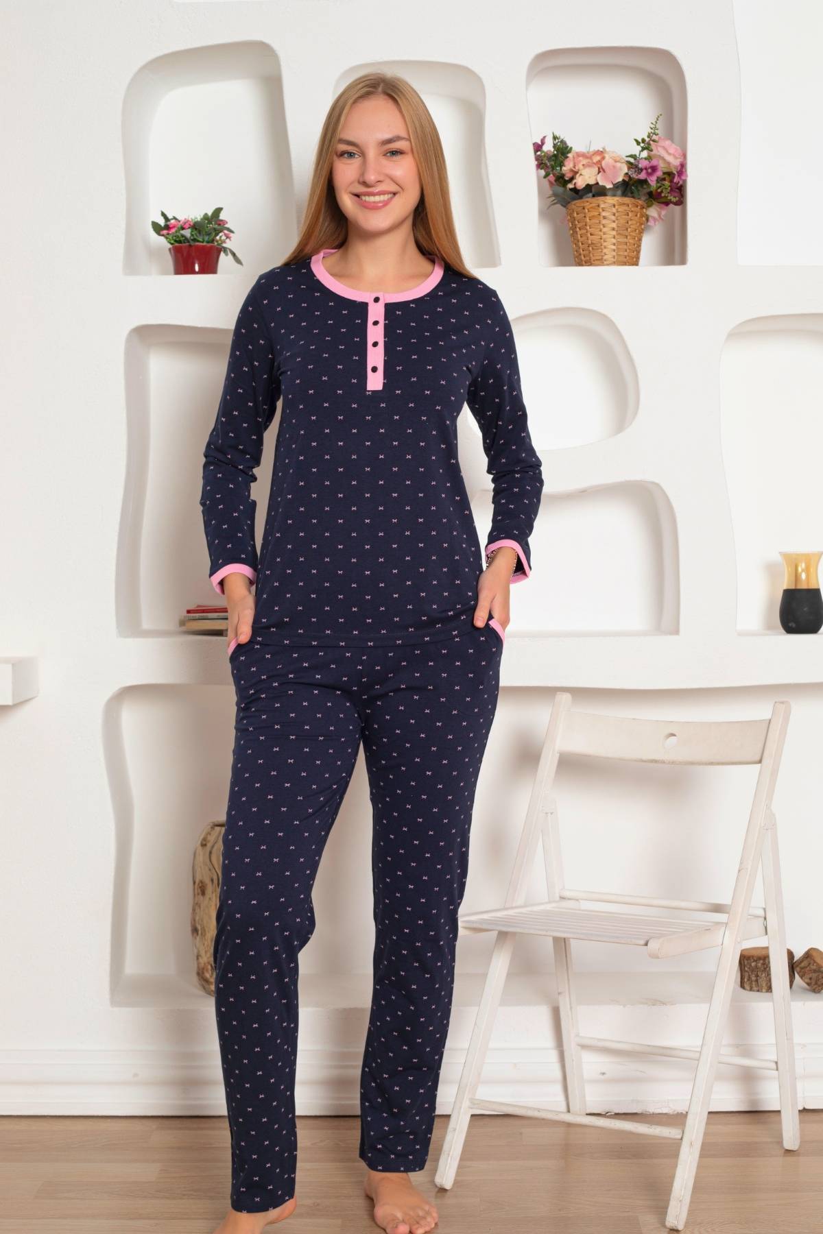Bayan Pijama Takım - Fiyonk baskılı Uzun Kol Penye 2801UY