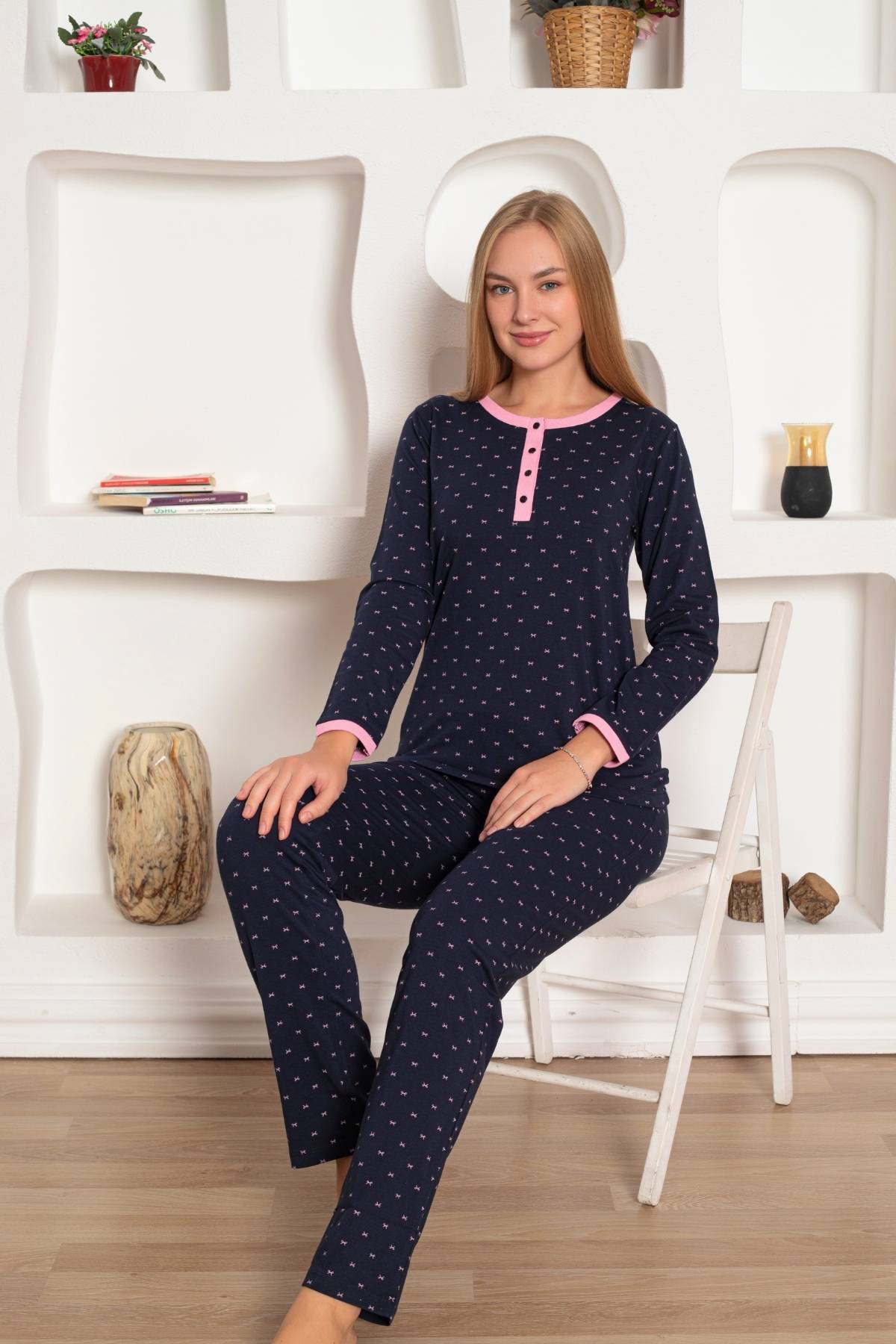 Bayan Pijama Takım - Fiyonk baskılı Uzun Kol Penye 2801UY