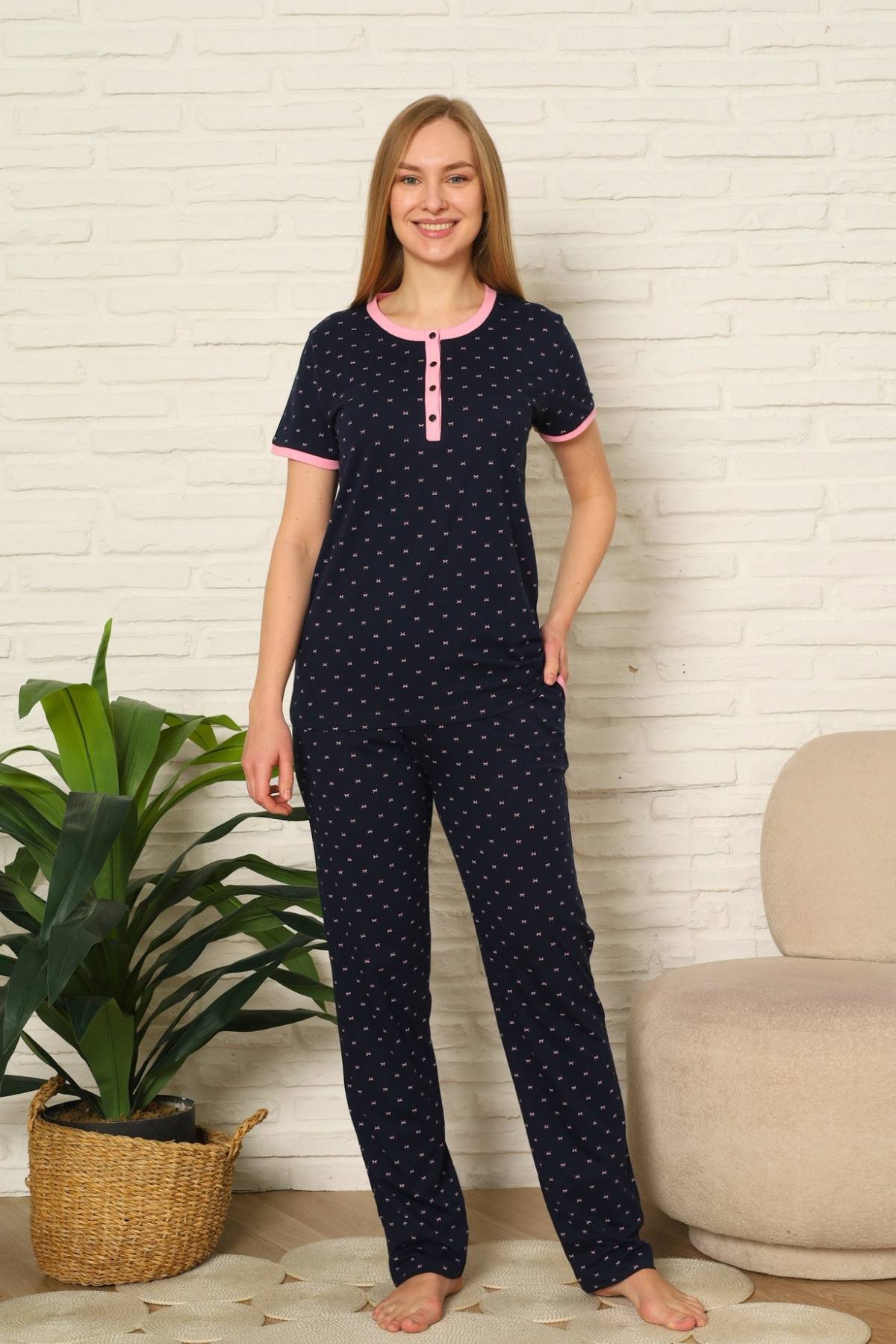 Bayan Pijama Takım - Fiyonk baskılı Kısa Kol Penye 2801KY