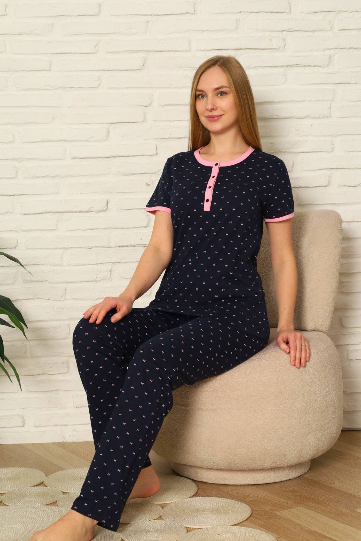 Bayan Pijama Takım - Fiyonk baskılı Kısa Kol Penye 2801KY