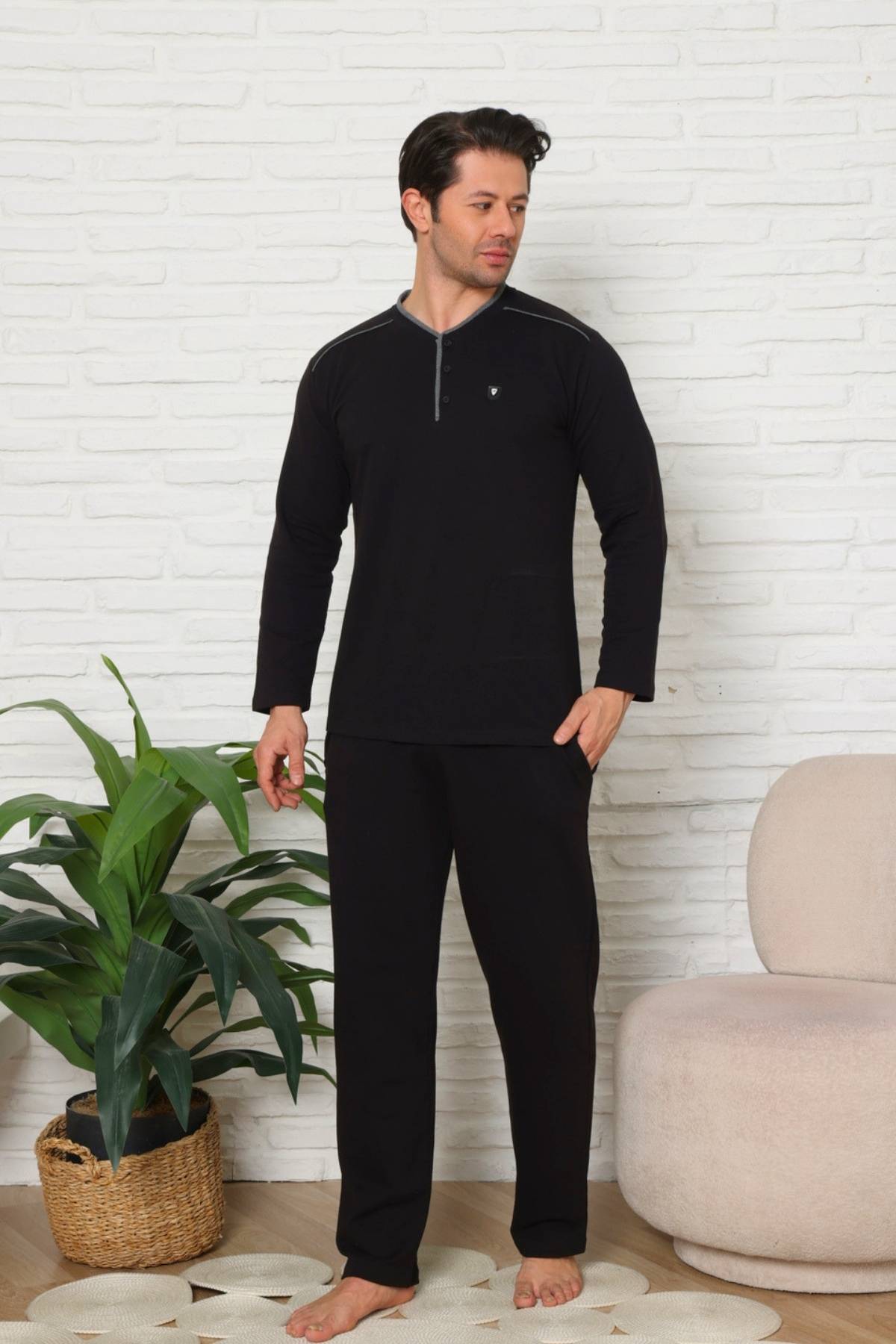 Erkek Pijama Takımı - Siyah Uzun Kol İki İp Penye 1228UK