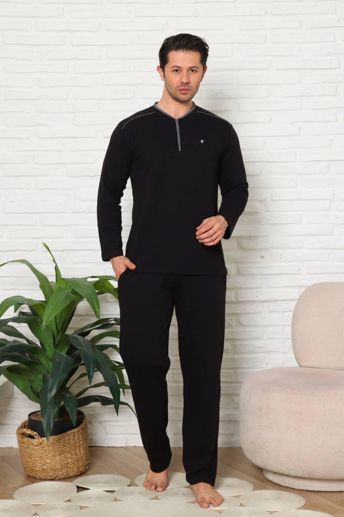 Erkek Pijama Takımı - Siyah Uzun Kol İki İp Penye 1228UK