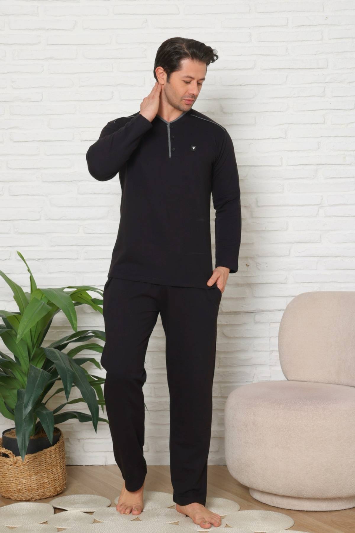 Erkek Pijama Takımı - Siyah Uzun Kol İki İp Penye 1228UK