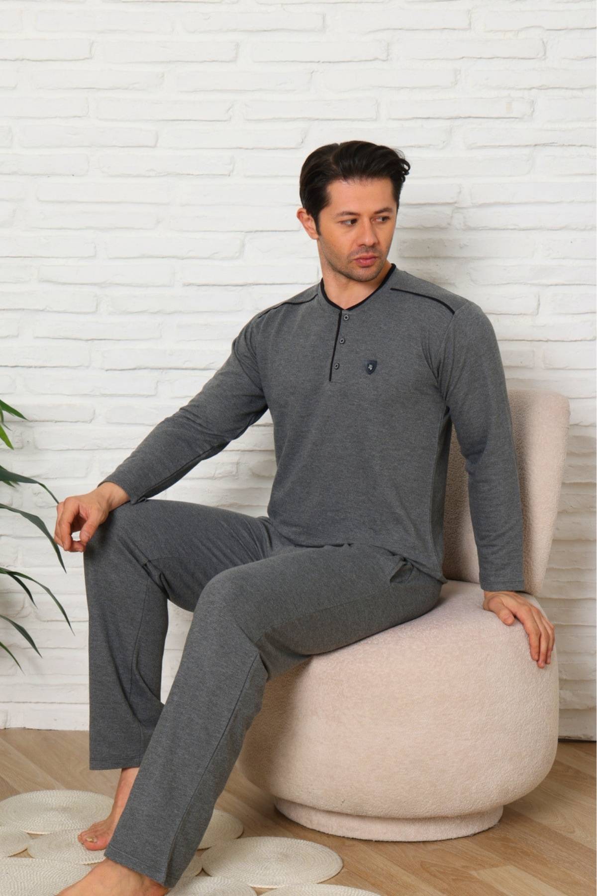 Erkek Pijama Takımı - Gri Uzun Kol İki İp Penye 1228UK