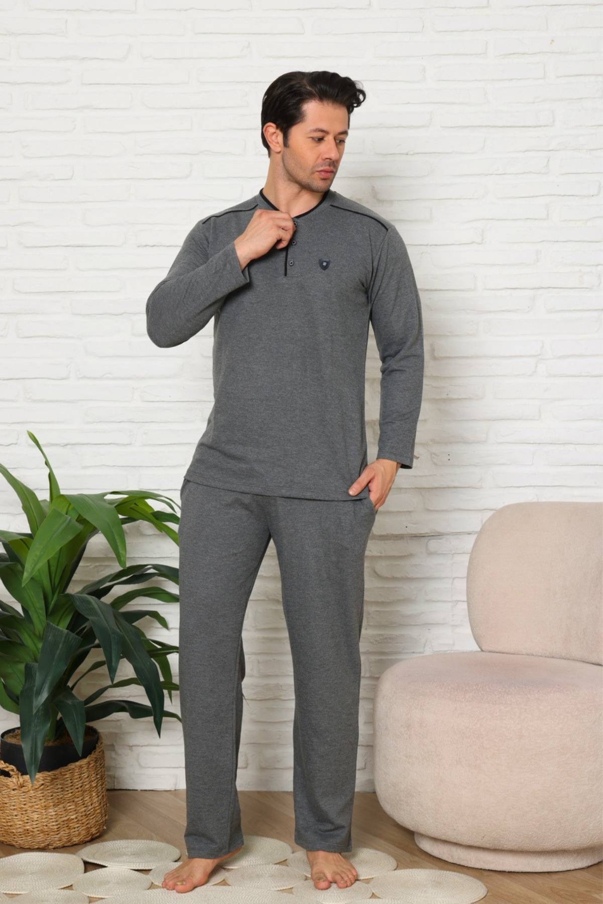 Erkek Pijama Takımı - Gri Uzun Kol İki İp Penye 1228UK