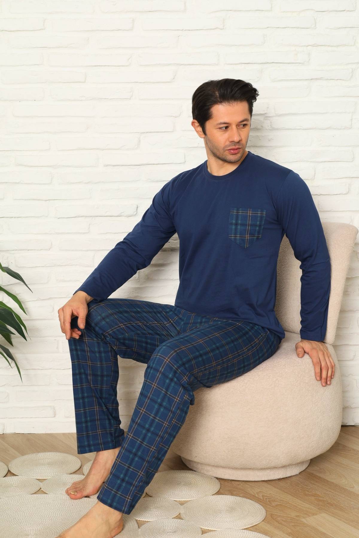 Erkek Pijama Takımı - İndigo Kareli Uzun Kollu Penye 1223UY