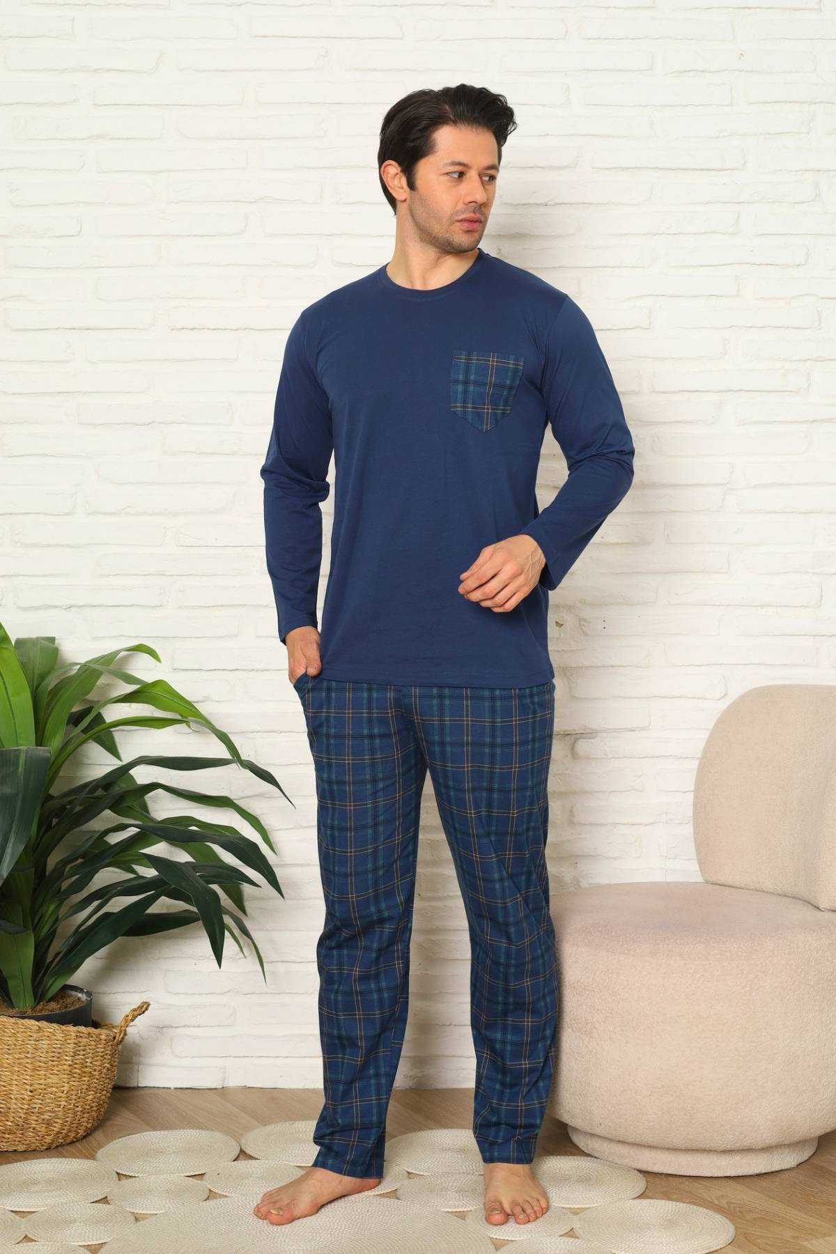 Erkek Pijama Takımı - İndigo Kareli Uzun Kollu Penye 1223UY
