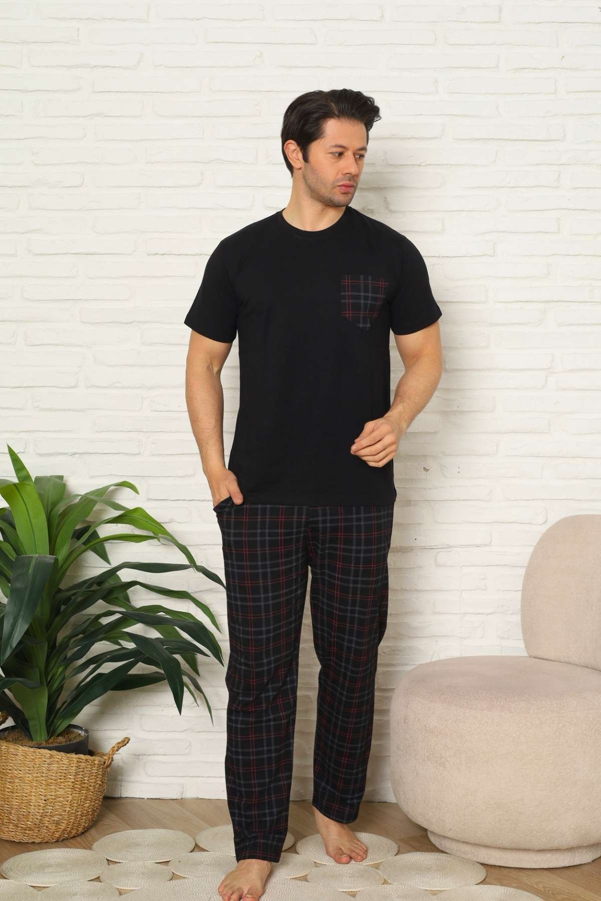 Erkek Pijama Takımı - Siyah Kareli Kısa Kollu Penye 1223KY