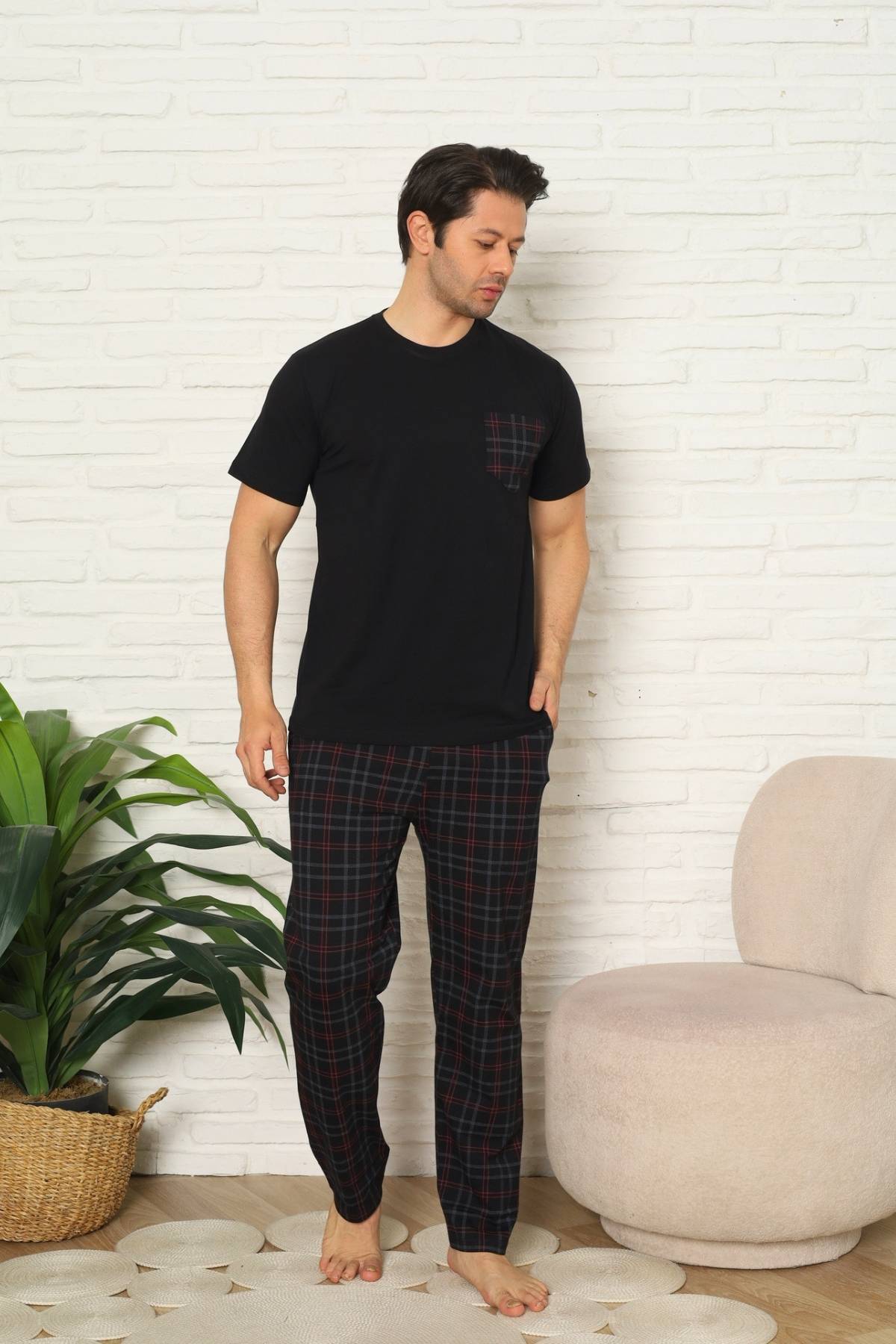 Erkek Pijama Takımı - Siyah Kareli Kısa Kollu Penye 1223KY
