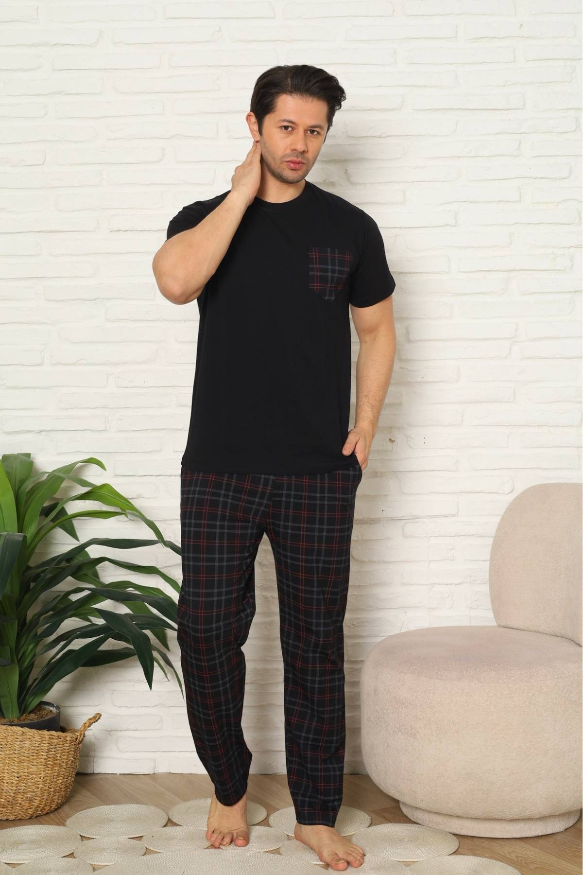 Erkek Pijama Takımı - Siyah Kareli Kısa Kollu Penye 1223KY
