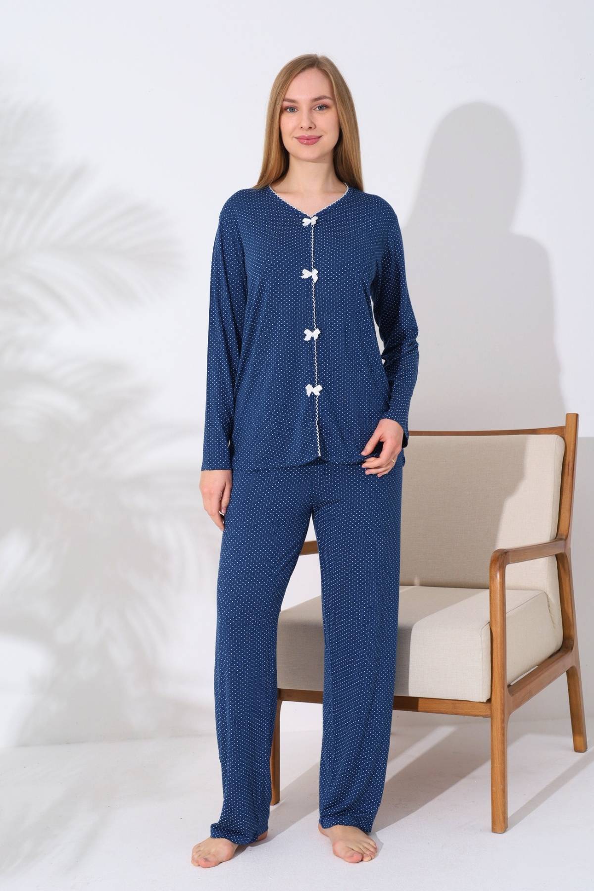 Kadın Pijama Takımı - İndigo Puantiyeli Önden Düğmeli Uzun Kollu Likralı 2828UY