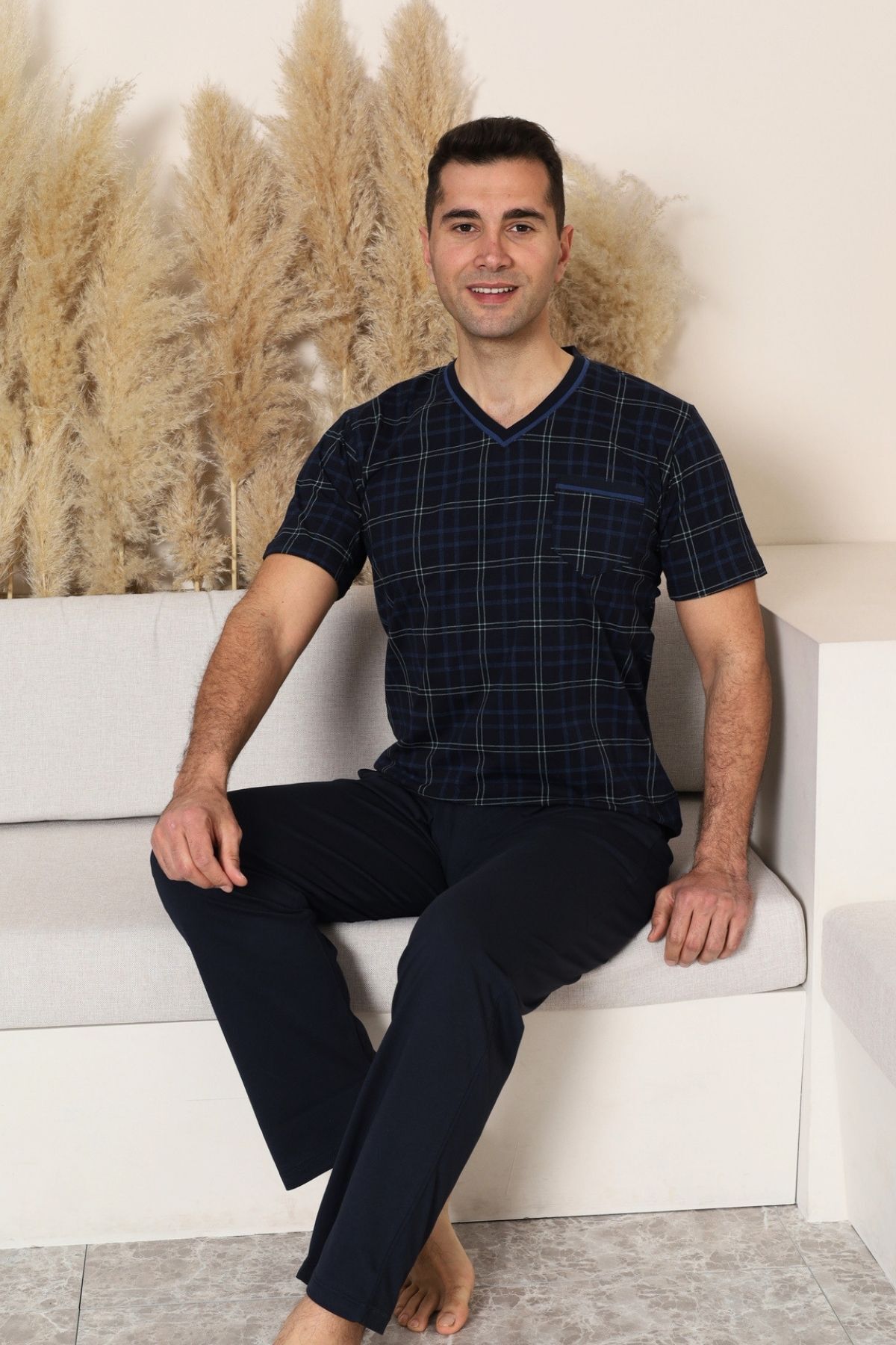 Erkek Pijama Takımı - Lacivert Kareli V Yaka Kısa Kollu Penye 1226KY