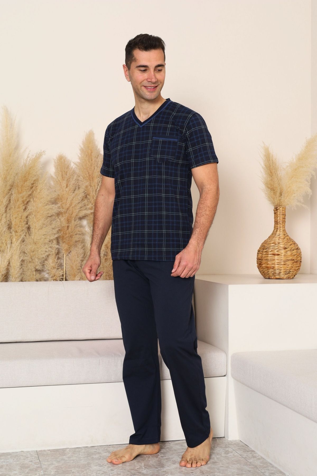 Erkek Pijama Takımı - Lacivert Kareli V Yaka Kısa Kollu Penye 1226KY