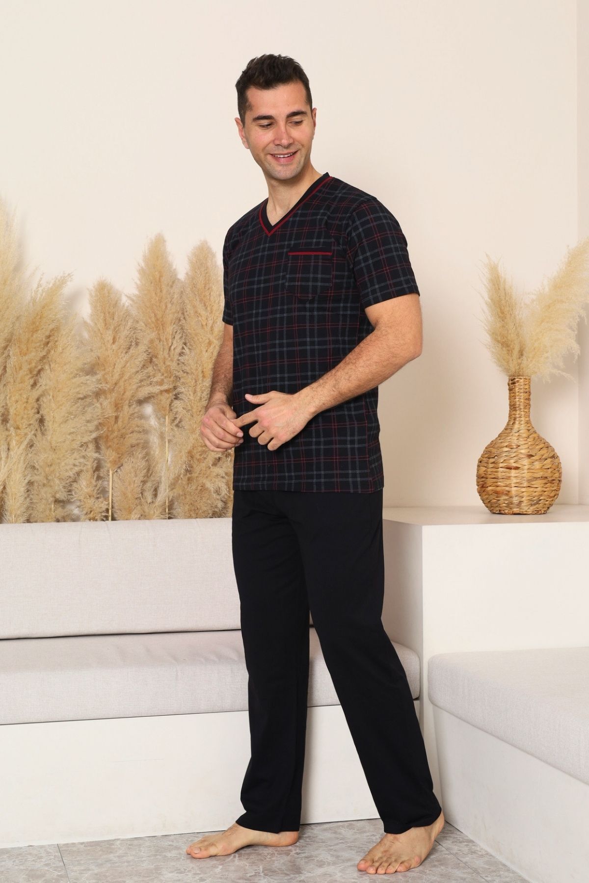 Erkek Pijama Takımı - Siyah Kareli V Yaka Kısa Kollu Penye 1226KY