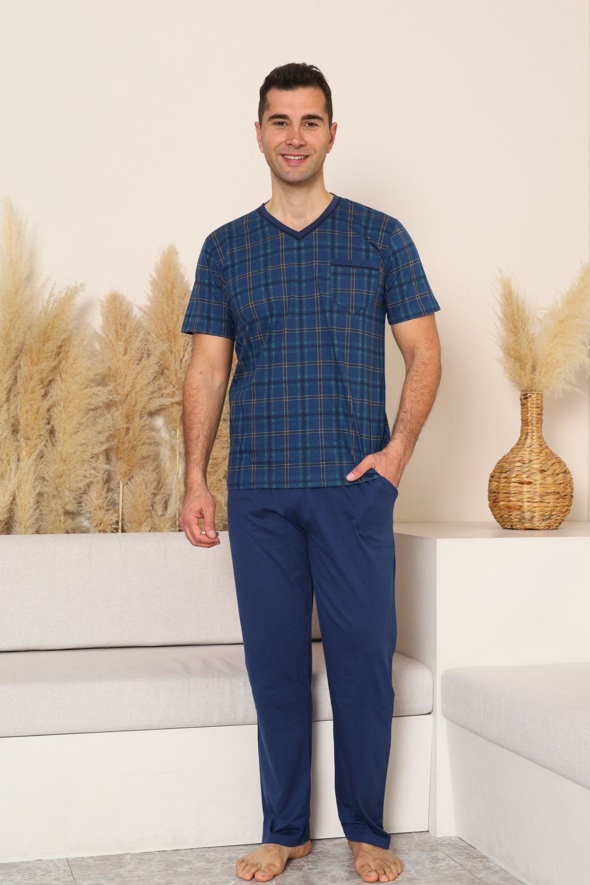 Erkek Pijama Takımı - İndigo Kareli V Yaka Kısa Kollu Penye 1226KY