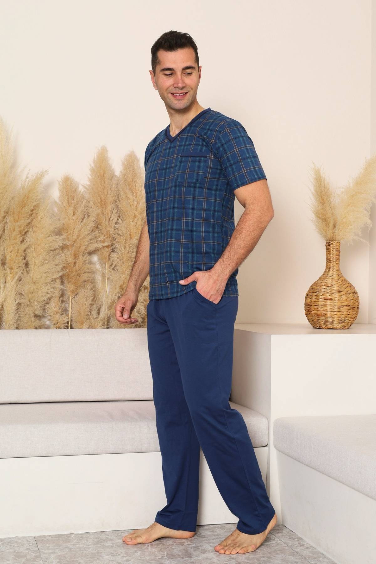 Erkek Pijama Takımı - İndigo Kareli V Yaka Kısa Kollu Penye 1226KY
