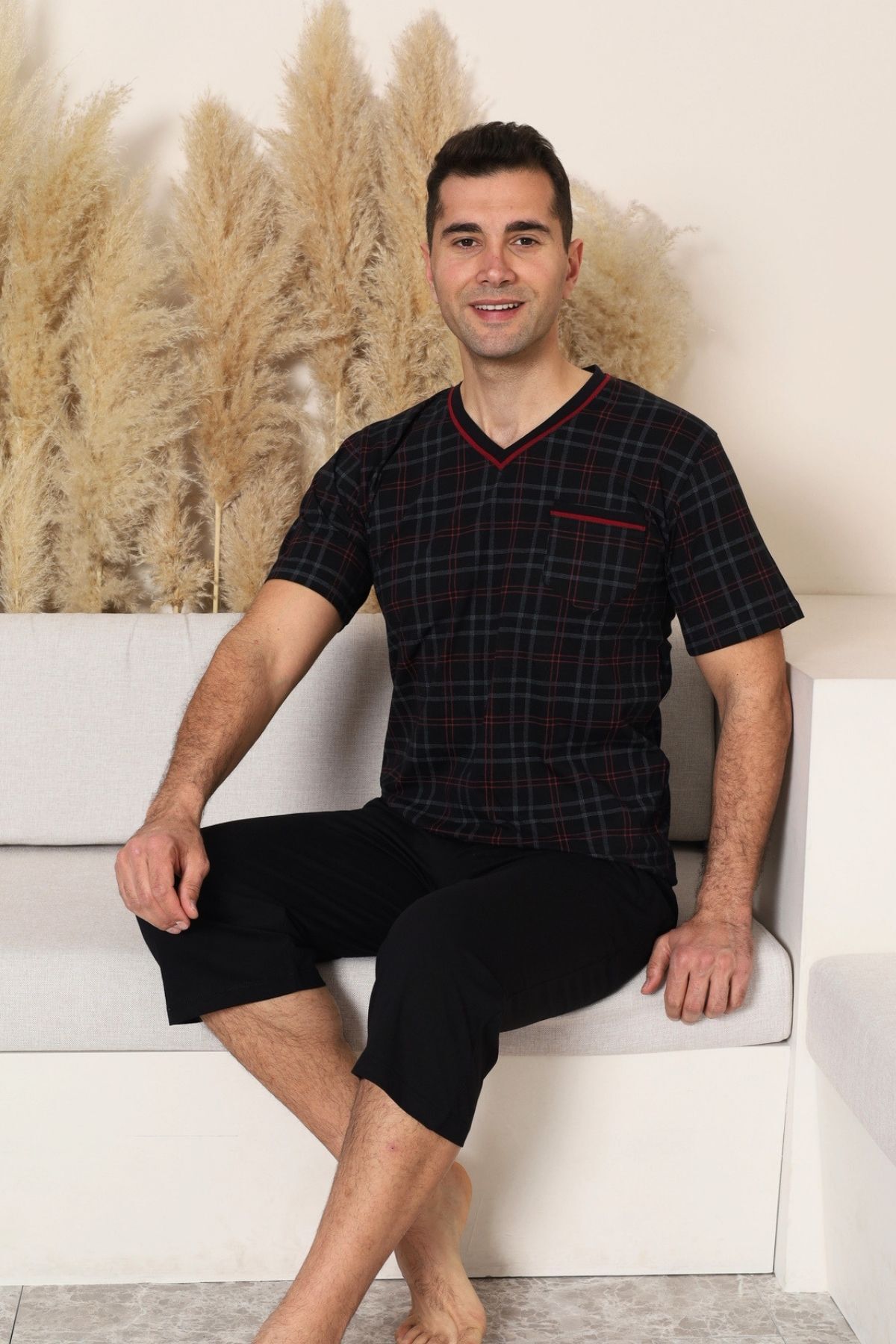 Erkek Pijama Takımı - Siyah Kareli V Yaka Bermuda Penye 1226B
