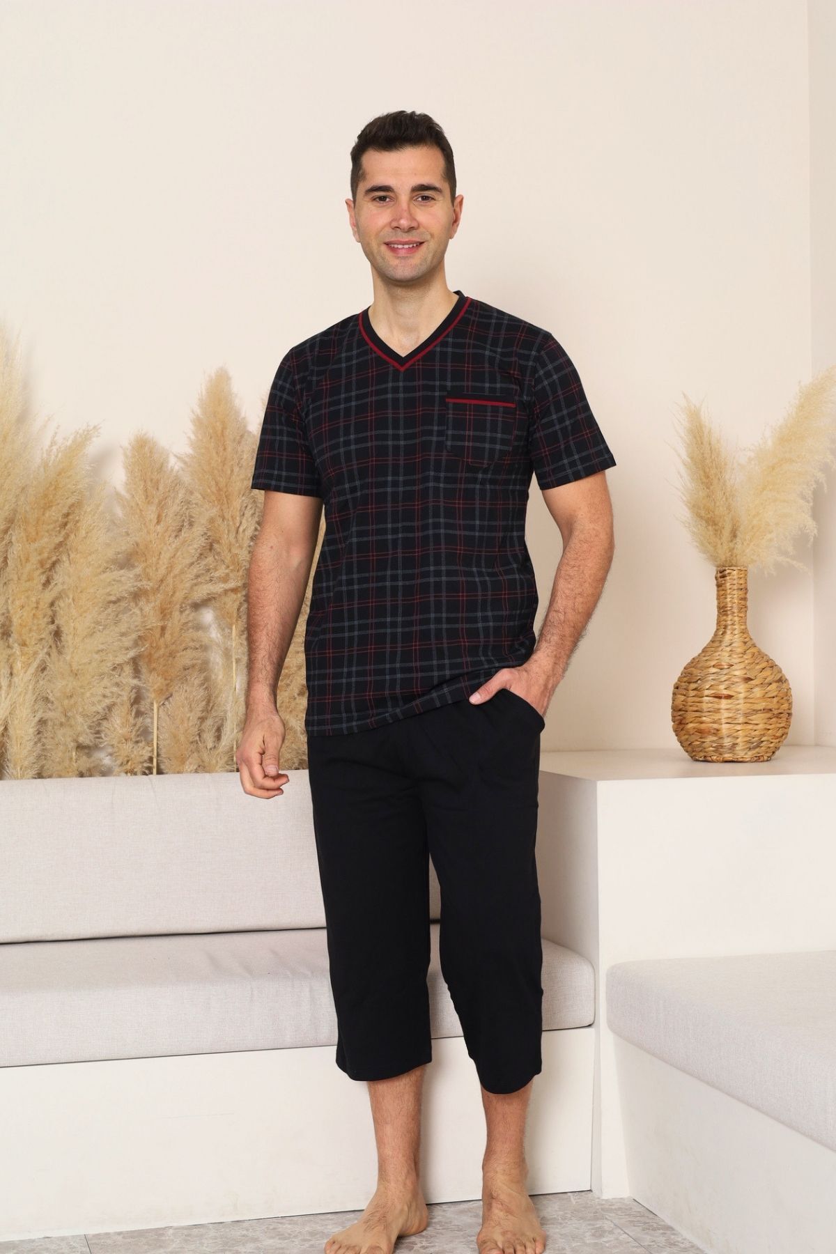 Erkek Pijama Takımı - Siyah Kareli V Yaka Bermuda Penye 1226B