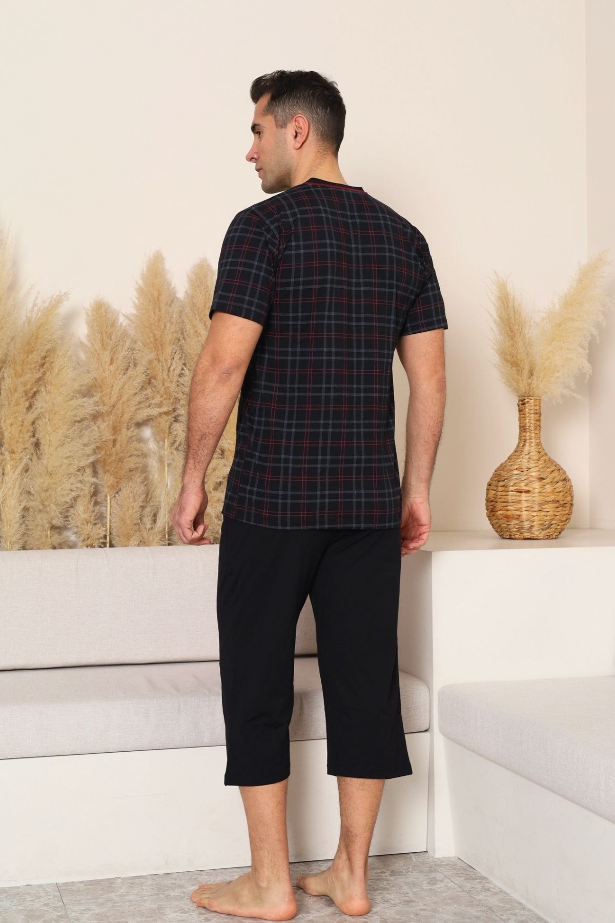 Erkek Pijama Takımı - Siyah Kareli V Yaka Bermuda Penye 1226B