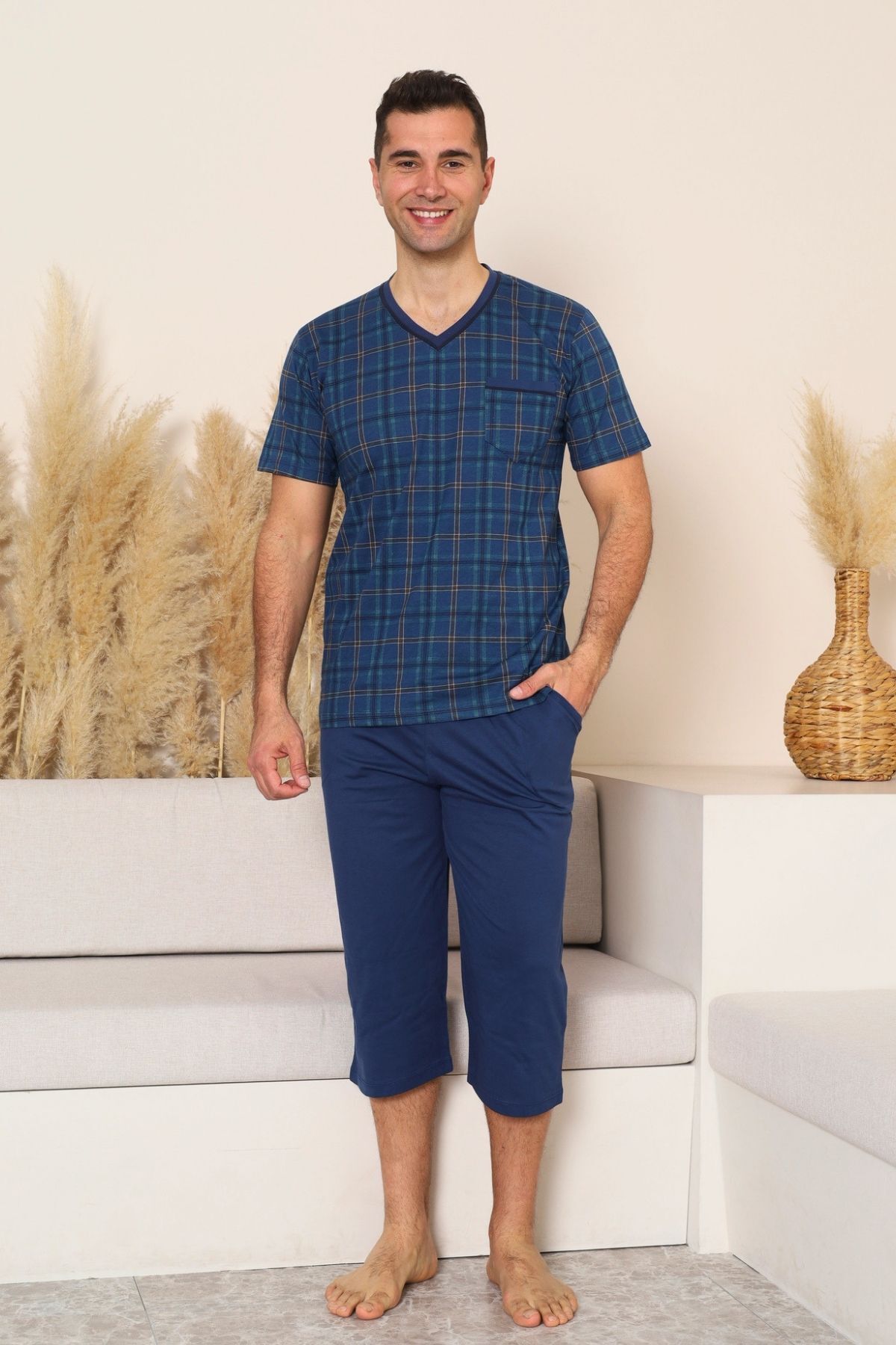 Erkek Pijama Takımı - İndigo Kareli V Yaka Bermuda Penye 1226B