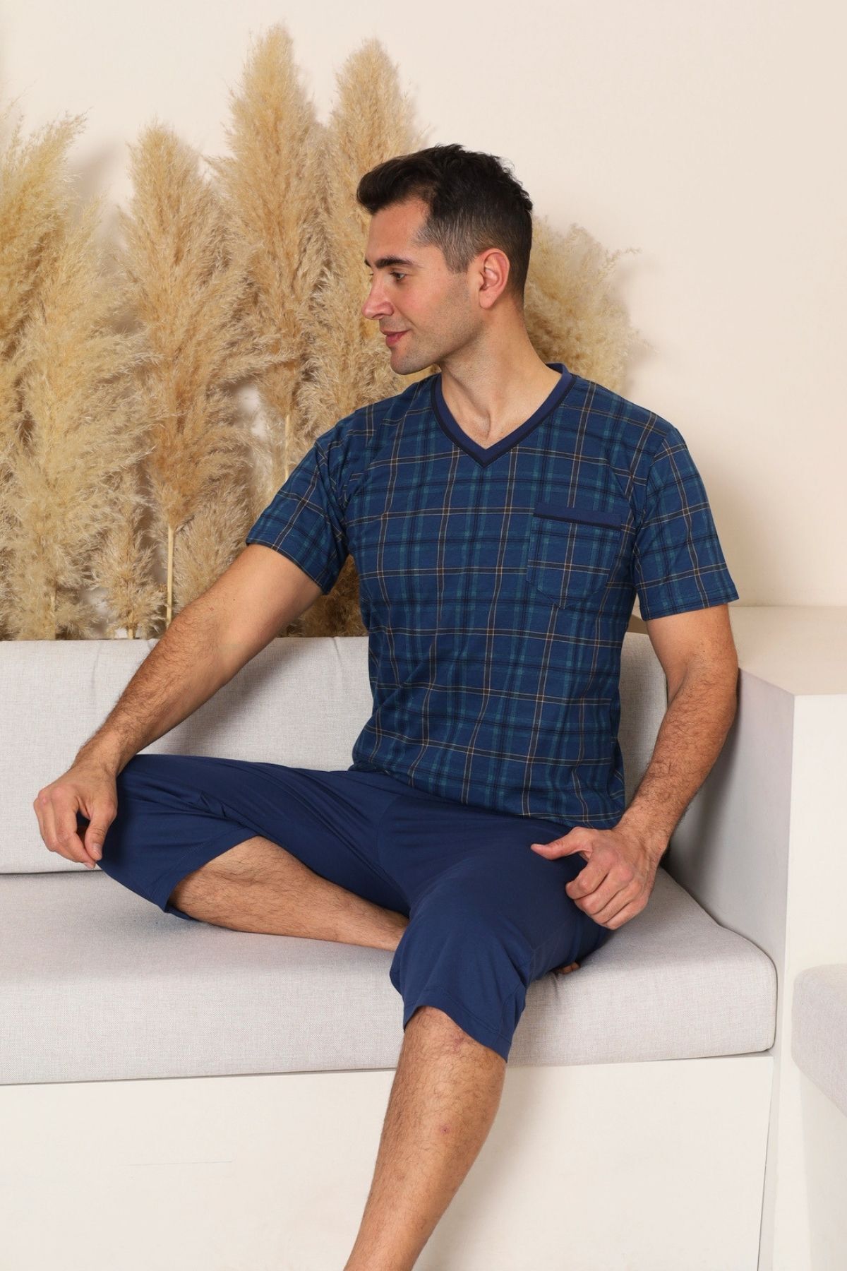 Erkek Pijama Takımı - İndigo Kareli V Yaka Bermuda Penye 1226B