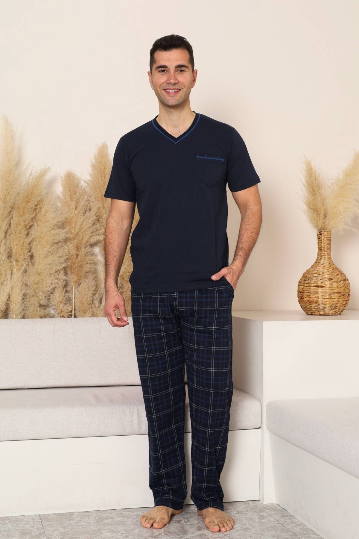 Erkek Pijama Takımı - Lacivert Kareli V Yaka Kısa Kollu Penye 1225KY