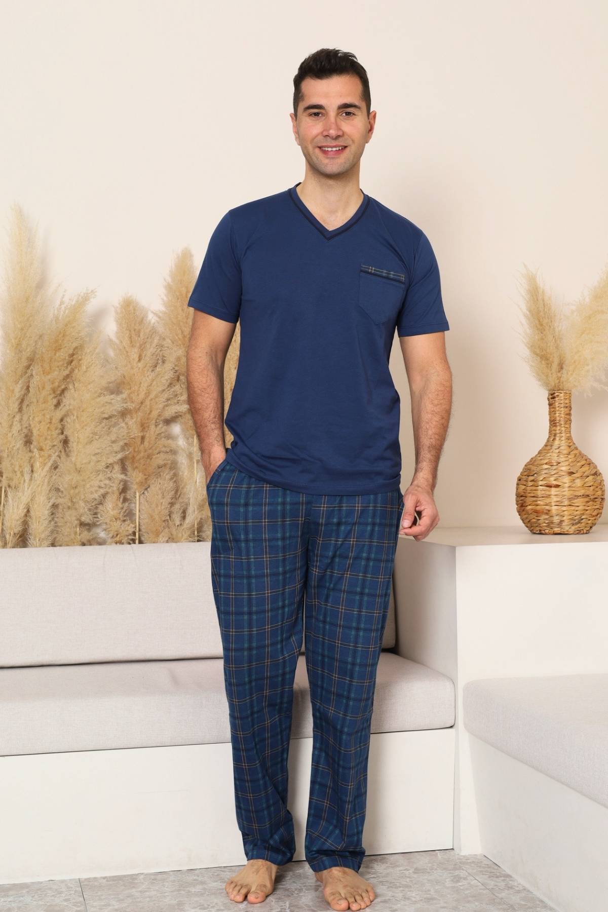 Erkek Pijama Takımı - İndigo Kareli V Yaka Kısa Kollu Penye 1225KY