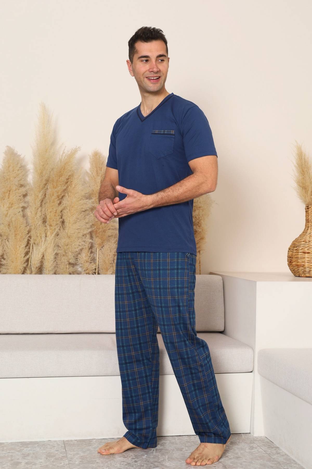 Erkek Pijama Takımı - İndigo Kareli V Yaka Kısa Kollu Penye 1225KY