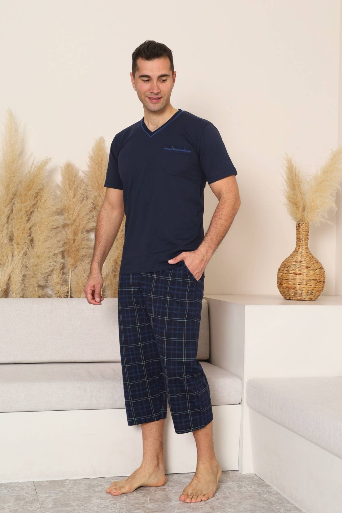 Erkek Pijama Takımı - Lacivert Kareli V Yaka Bermuda Penye 1225B
