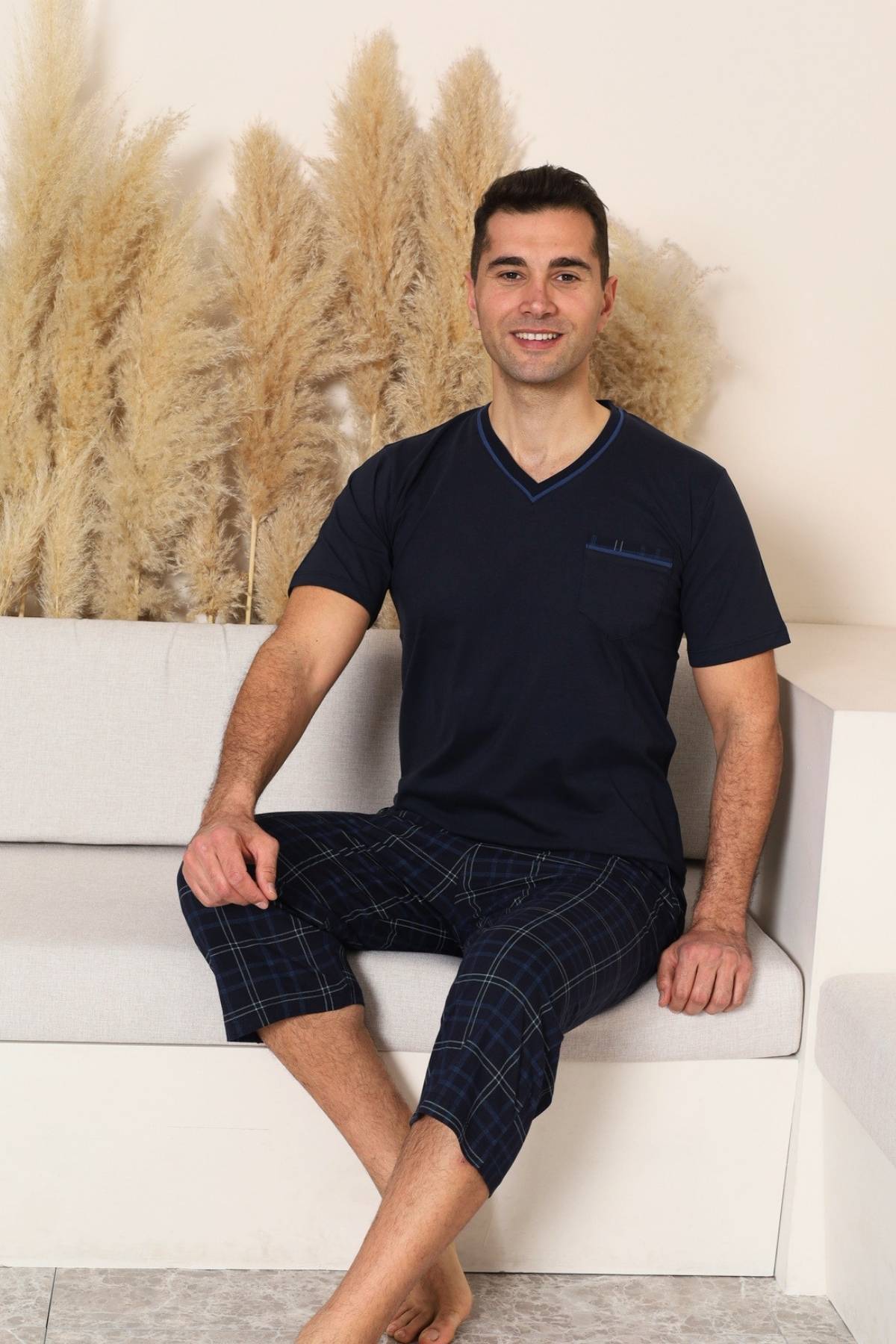 Erkek Pijama Takımı - Lacivert Kareli V Yaka Bermuda Penye 1225B