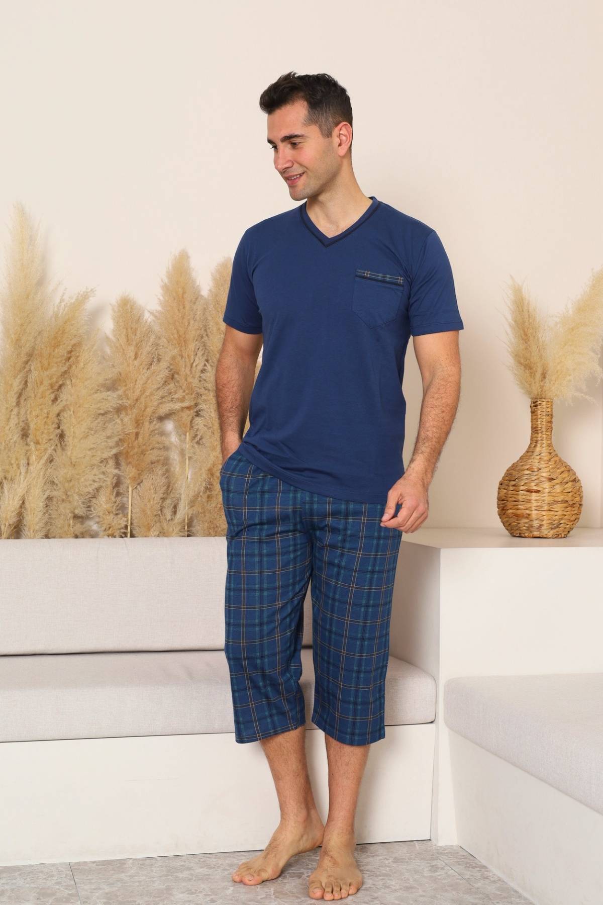 Erkek Pijama Takımı - İndigo Kareli V Yaka Bermuda Penye 1225B