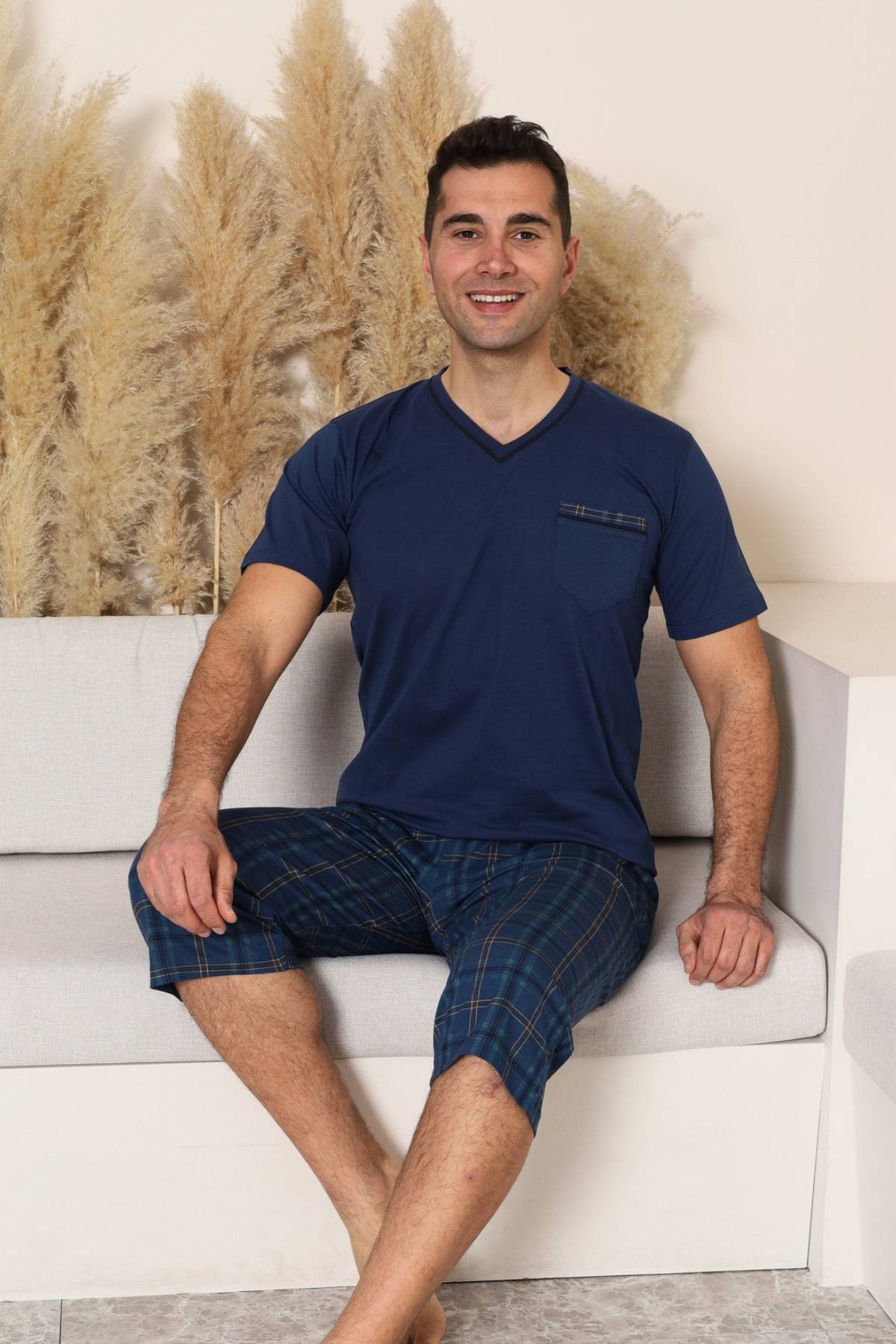 Erkek Pijama Takımı - İndigo Kareli V Yaka Bermuda Penye 1225B