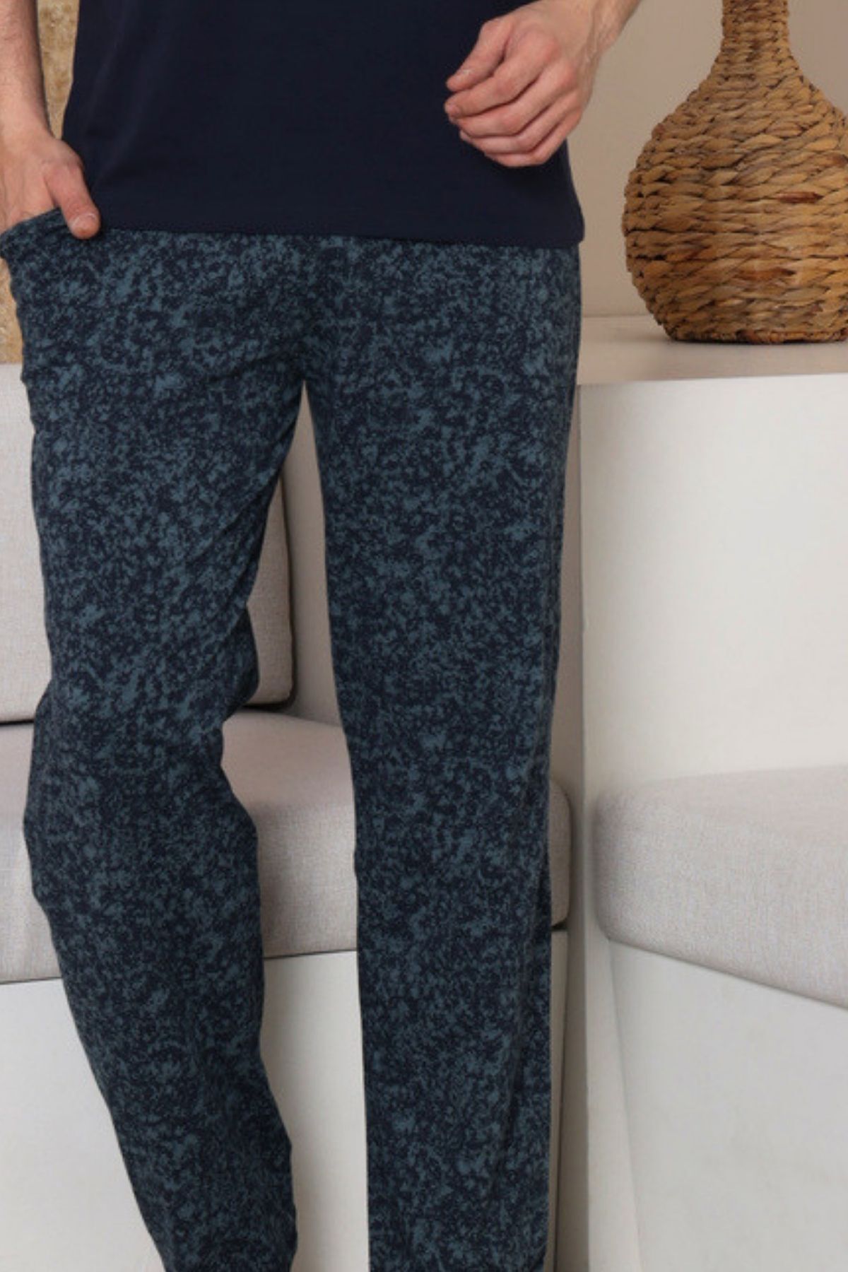 Erkek Pijama Takımı - Yeşil Kamuflaj Desen Likralı Uzun Kollu Penye 1229UYL