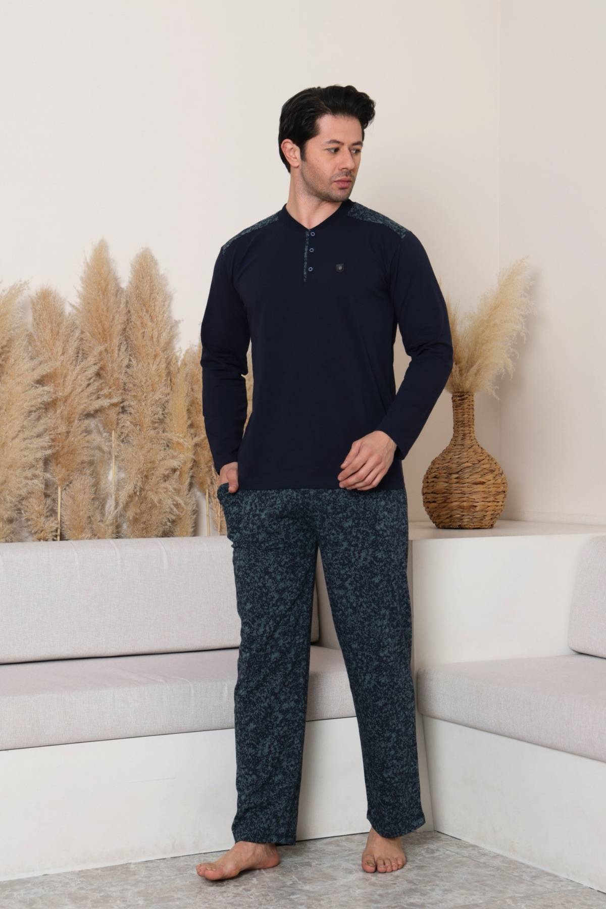 Erkek Pijama Takımı - Yeşil Kamuflaj Desen Likralı Uzun Kollu Penye 1229UYL